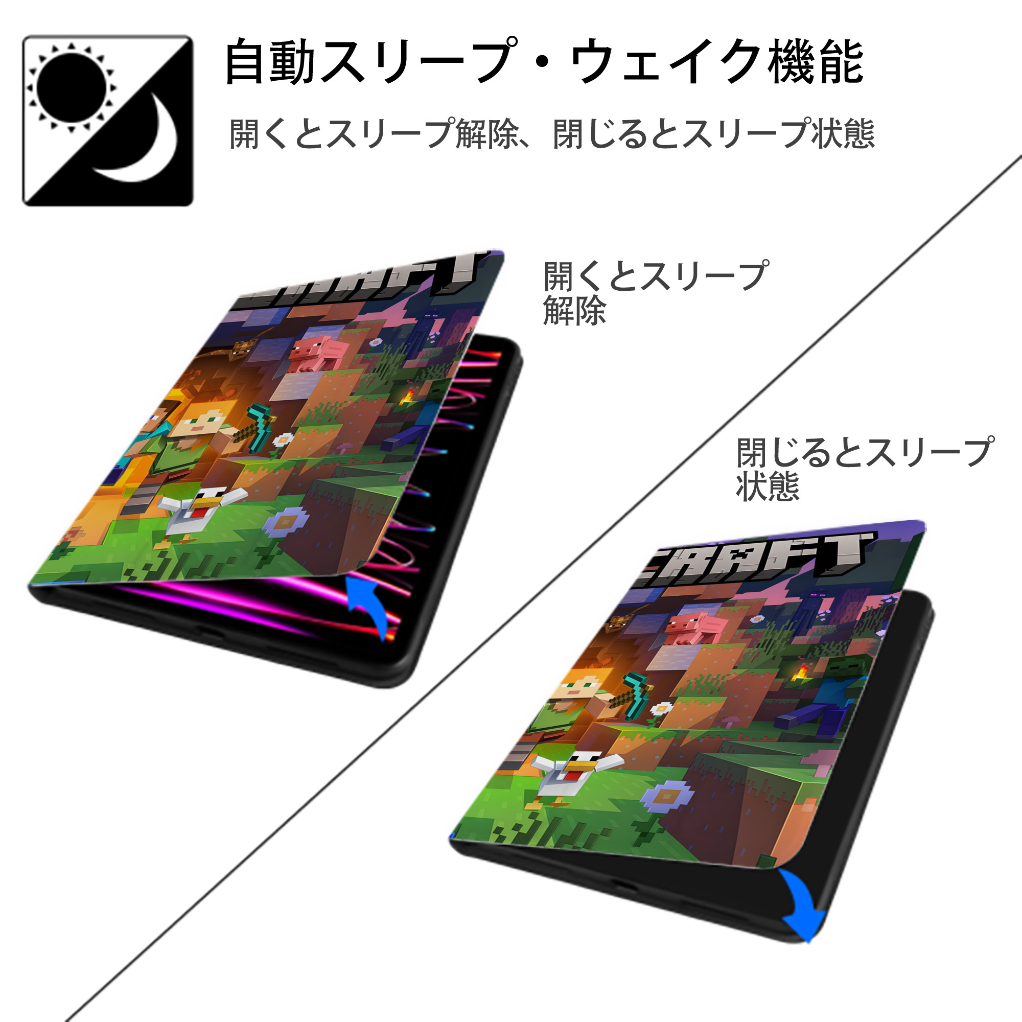 マインクラフト ブロックの世界 Minecraft MC Block world IPadケース ペンホルダー付き ブックスタイルデザイン