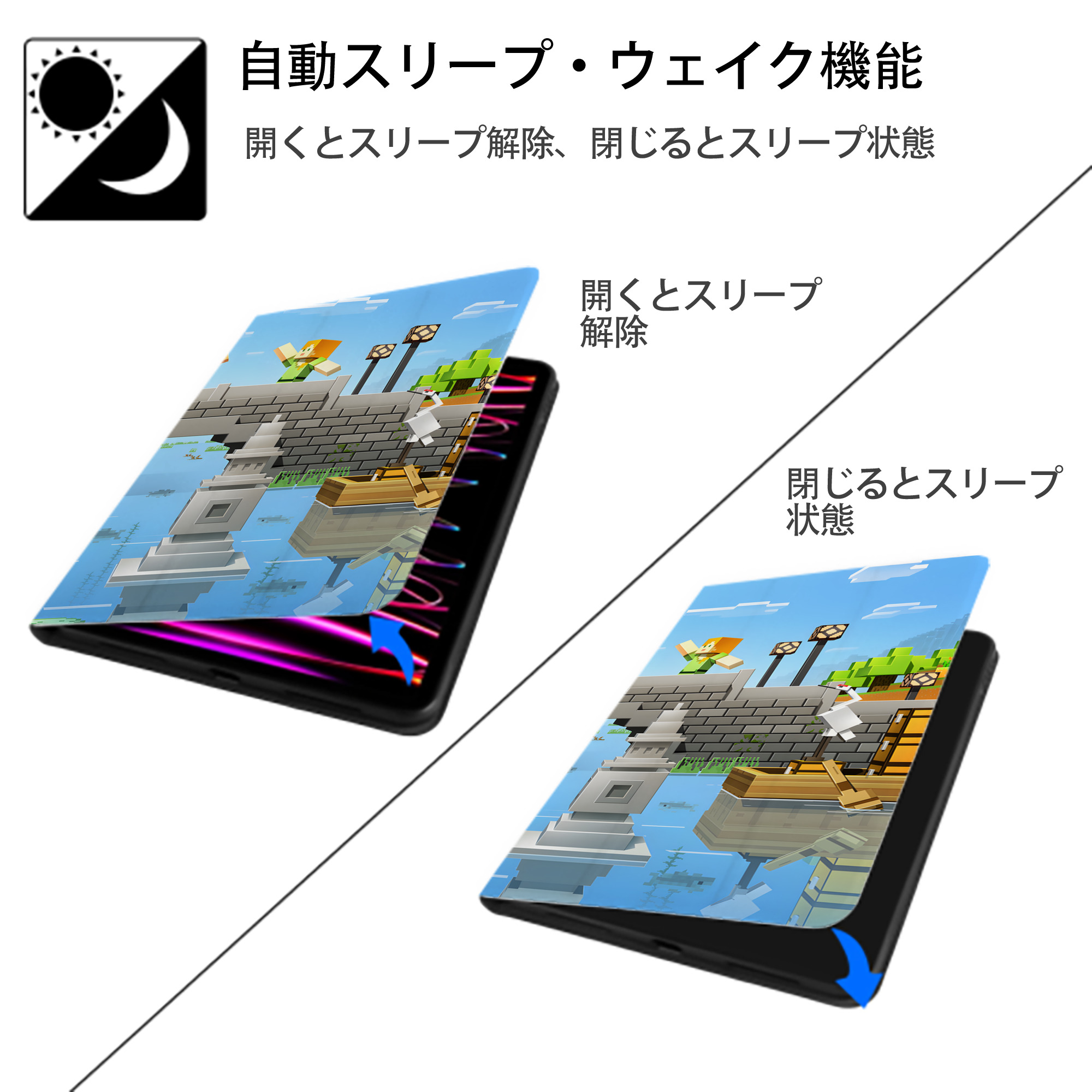 マインクラフト ブロックの世界 Minecraft MC Block world IPadケース ペンホルダー付き ブックスタイルデザイン