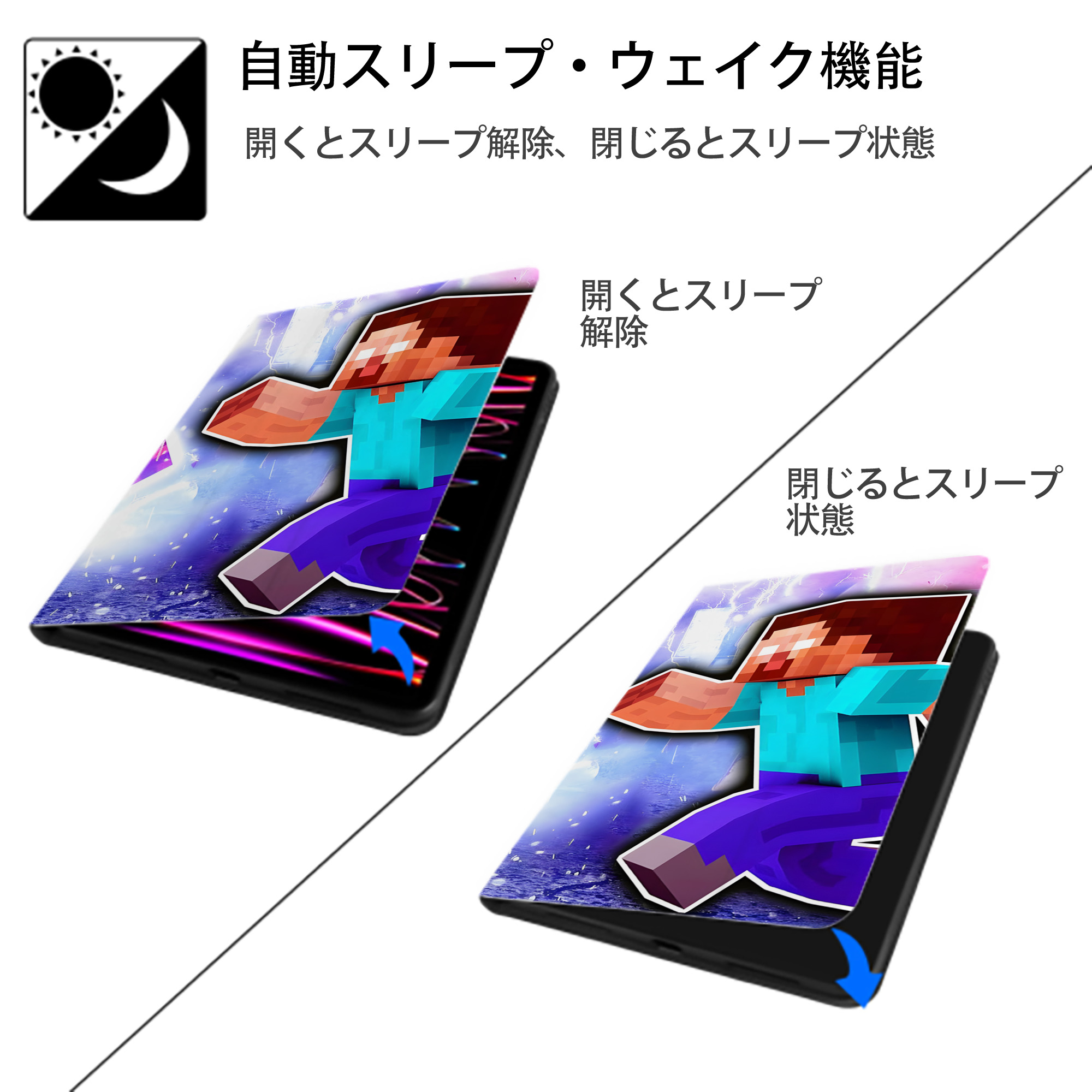 マインクラフト ブロックの世界 Minecraft MC Block world IPadケース ペンホルダー付き ブックスタイルデザイン