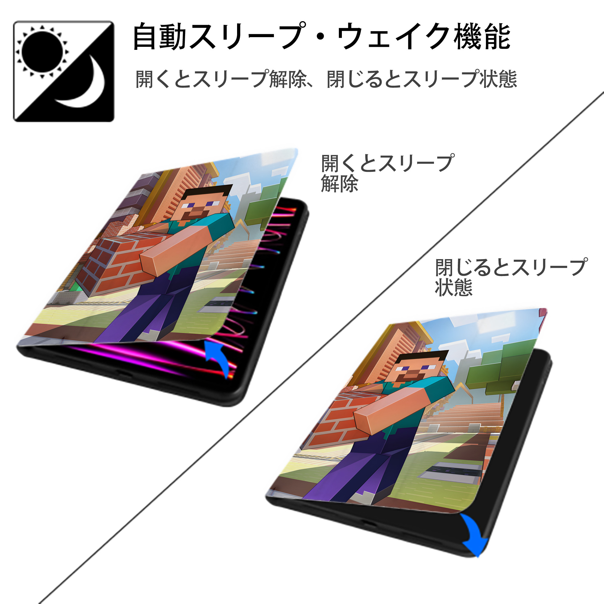 マインクラフト ブロックの世界 Minecraft MC Block world IPadケース ペンホルダー付き ブックスタイルデザイン