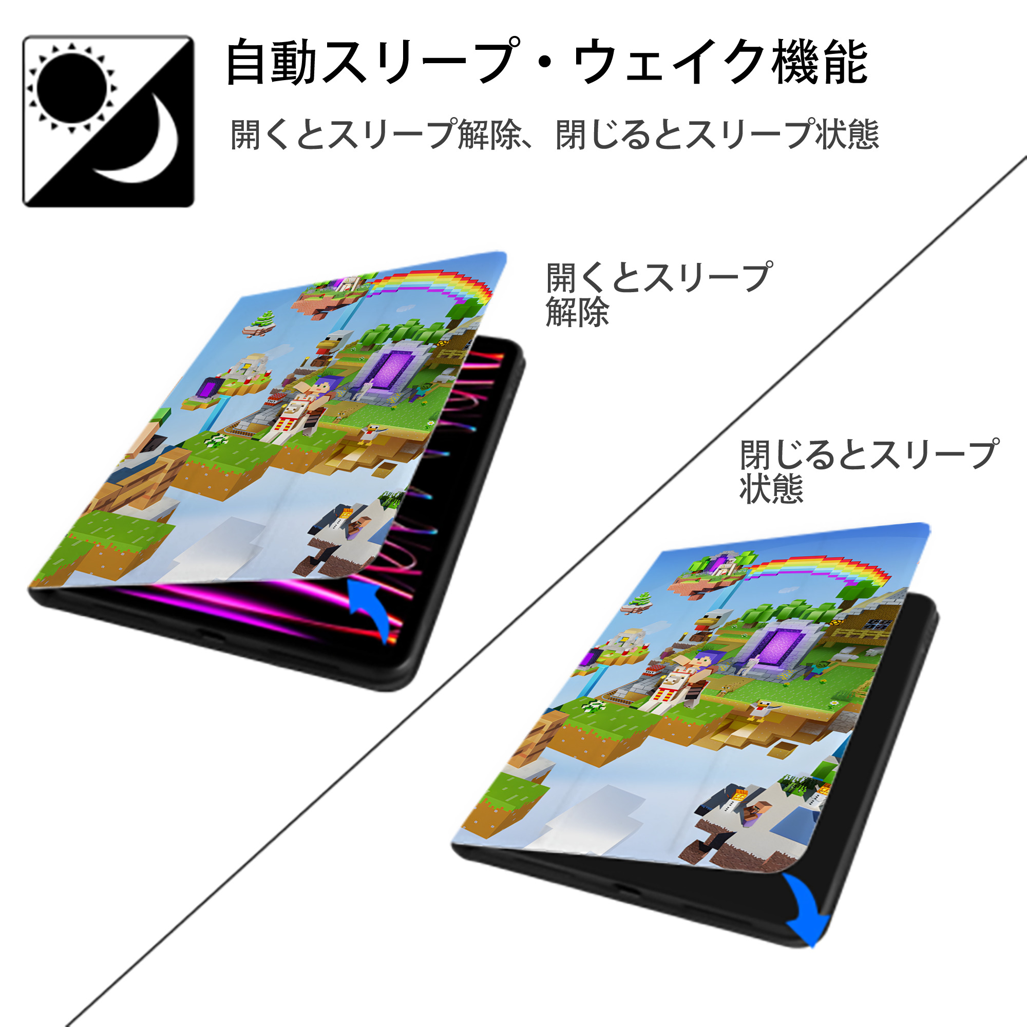 マインクラフト ブロックの世界 Minecraft MC Block world IPadケース ペンホルダー付き ブックスタイルデザイン
