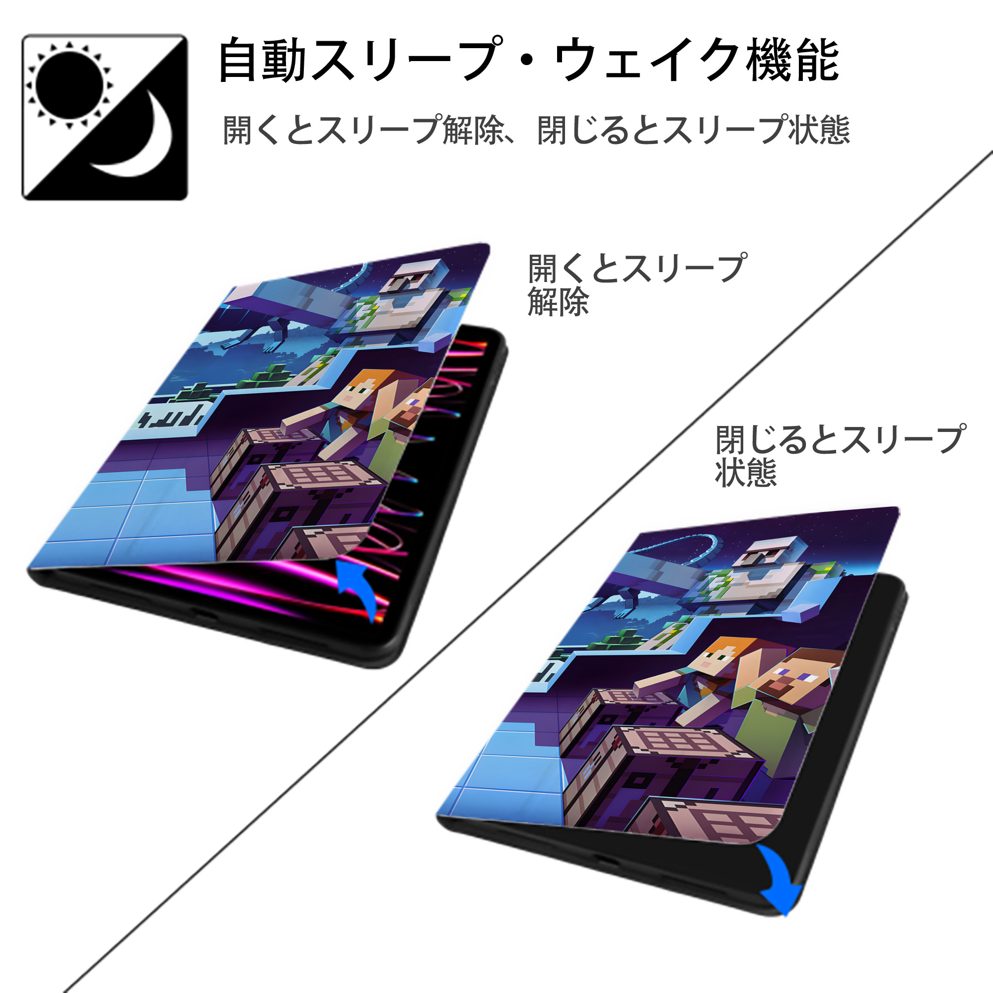 マインクラフト ブロックの世界 Minecraft MC Block world IPadケース ペンホルダー付き ブックスタイルデザイン