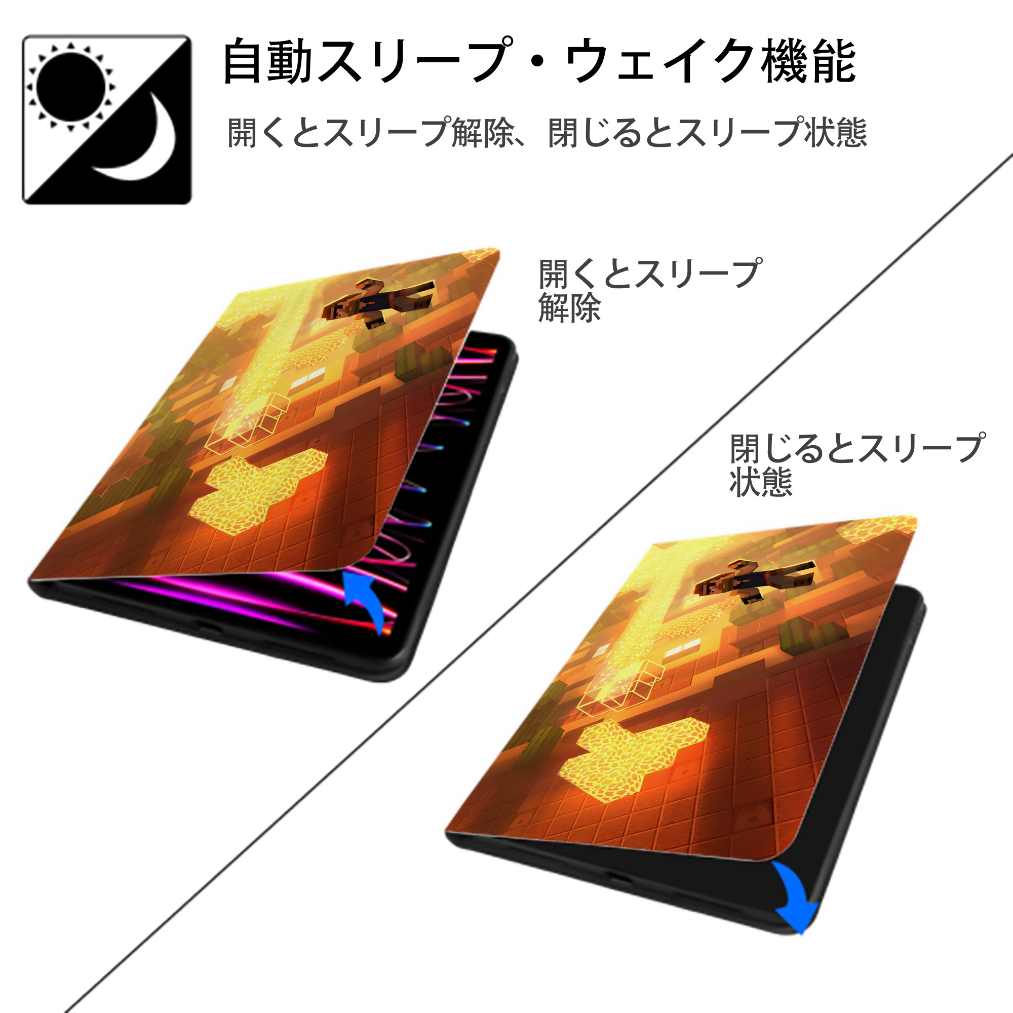 マインクラフト ブロックの世界 Minecraft MC Block world IPadケース ペンホルダー付き ブックスタイルデザイン