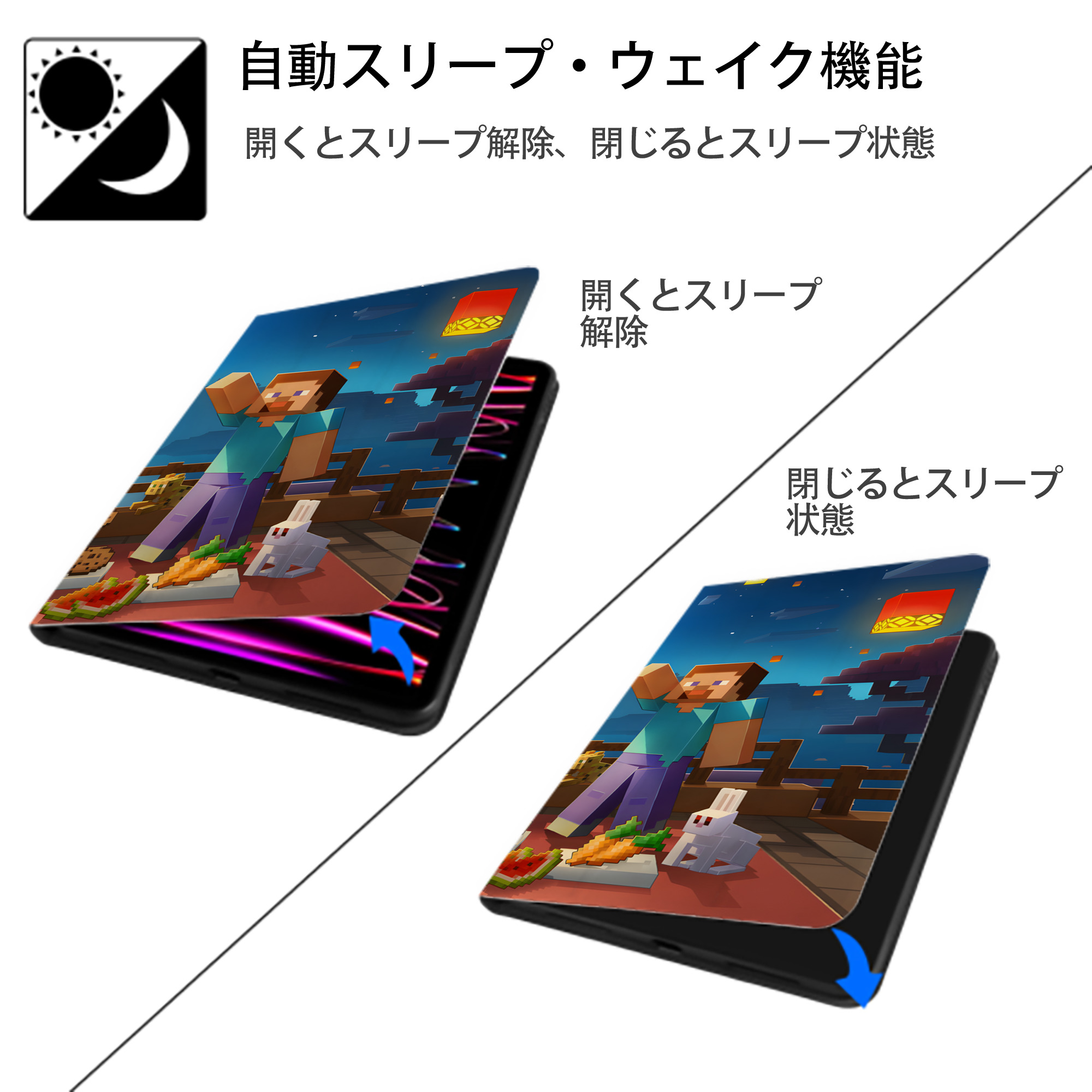 マインクラフト ブロックの世界 Minecraft MC Block world IPadケース ペンホルダー付き ブックスタイルデザイン