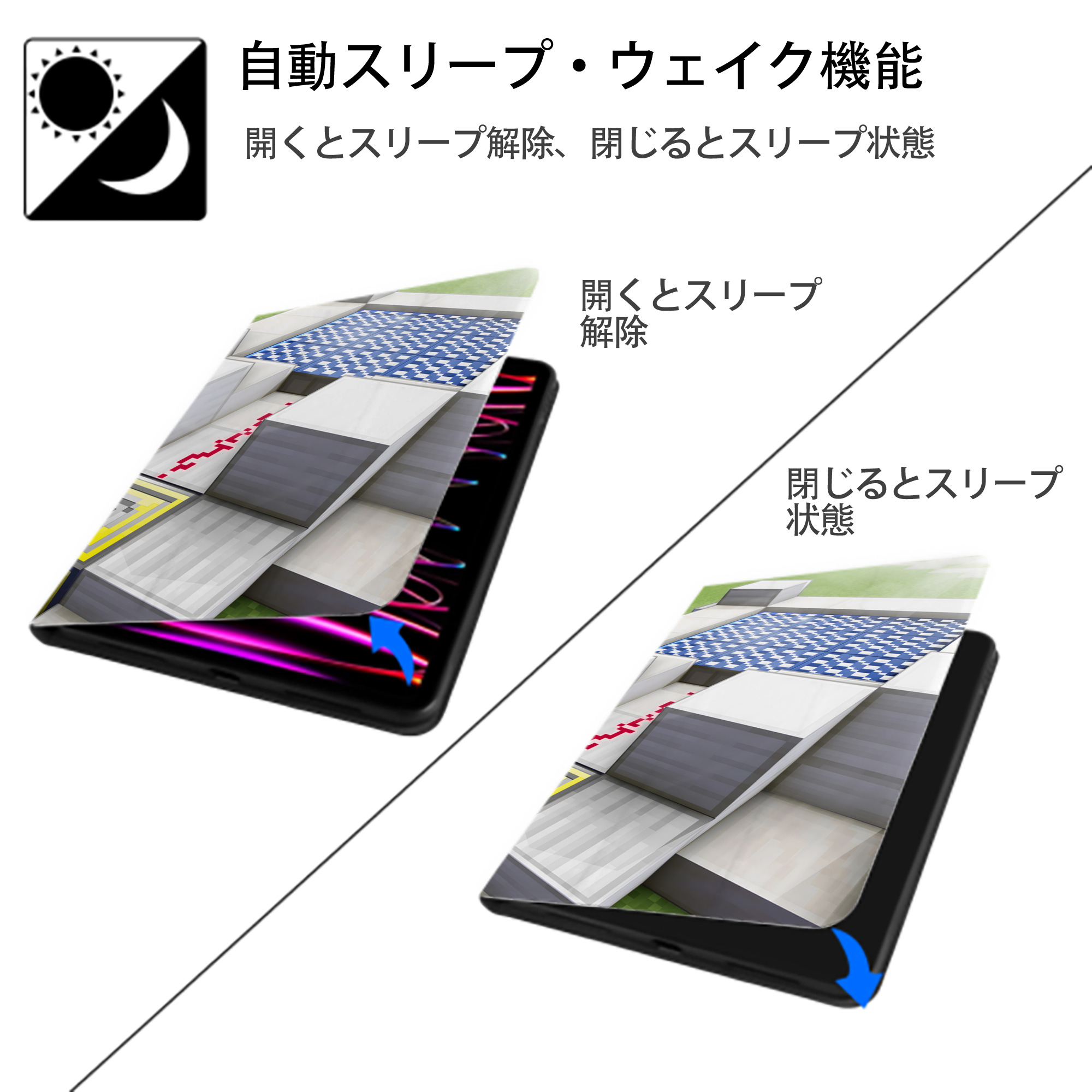 マインクラフト ブロックの世界 Minecraft MC Block world IPadケース ペンホルダー付き ブックスタイルデザイン