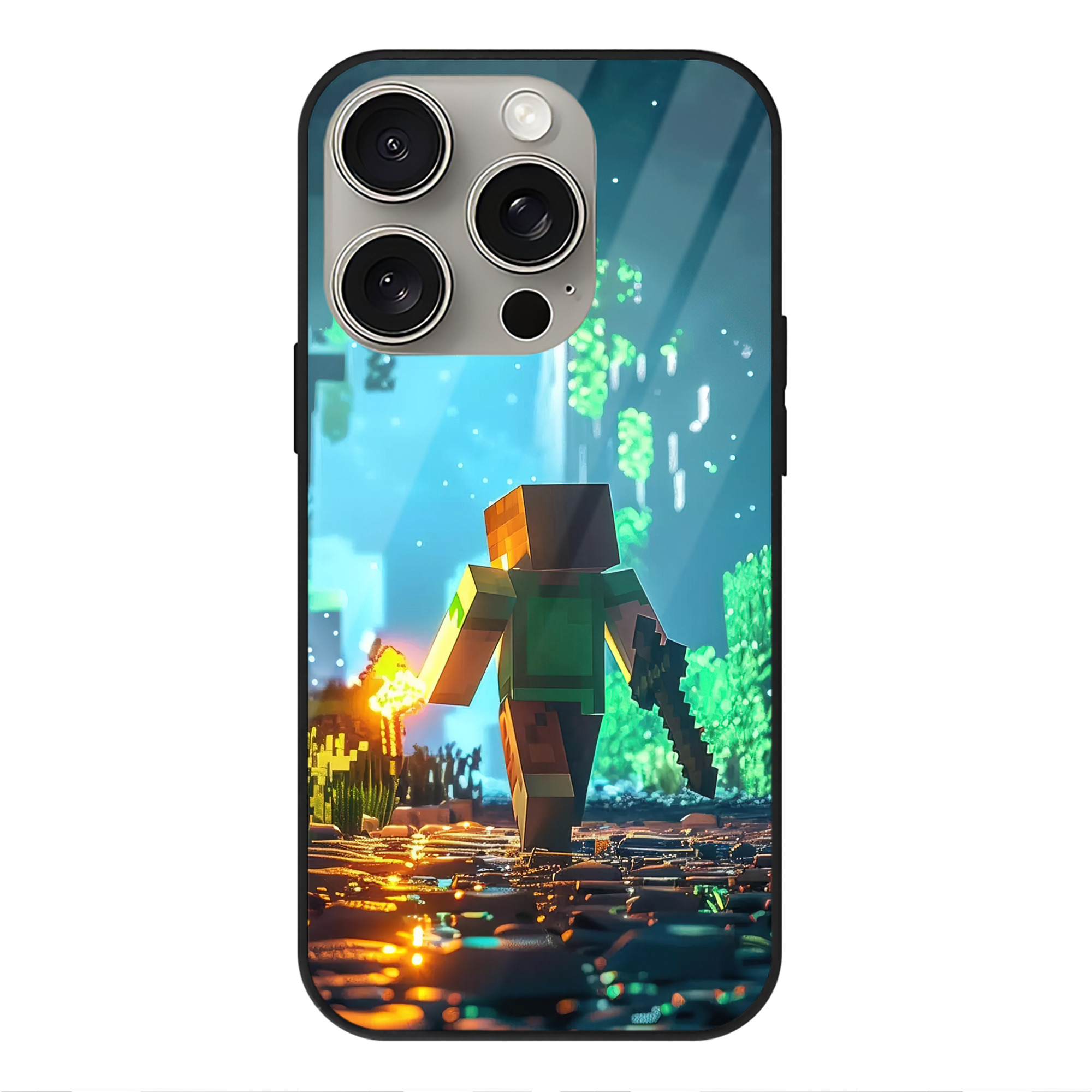 （画像用） マインクラフト ブロックの世界 Minecraft MC Block world 【iPhone15Pro対応】スマホケース 耐衝撃＆黄変防止 背面ガラス