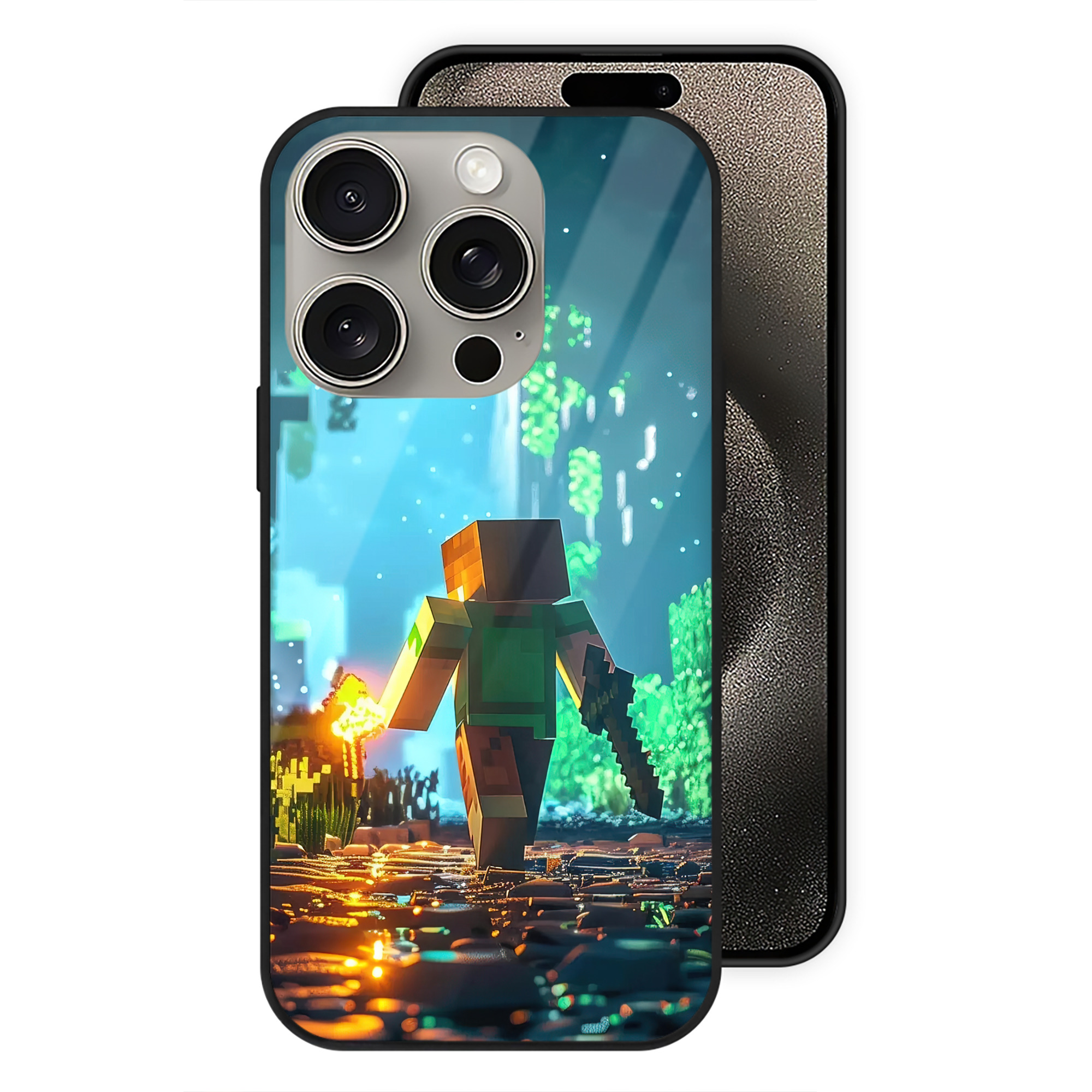 （画像用） マインクラフト ブロックの世界 Minecraft MC Block world 【iPhone15Pro対応】スマホケース 耐衝撃＆黄変防止 背面ガラス