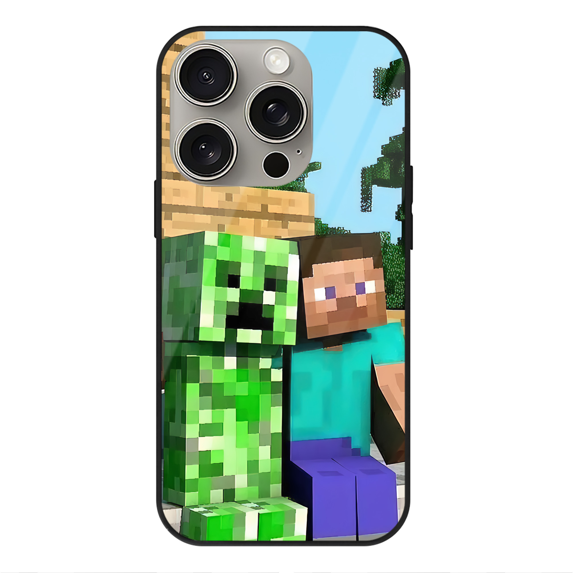 （画像用） マインクラフト ブロックの世界 Minecraft MC Block world 【iPhone15Pro対応】スマホケース 耐衝撃＆黄変防止 背面ガラス