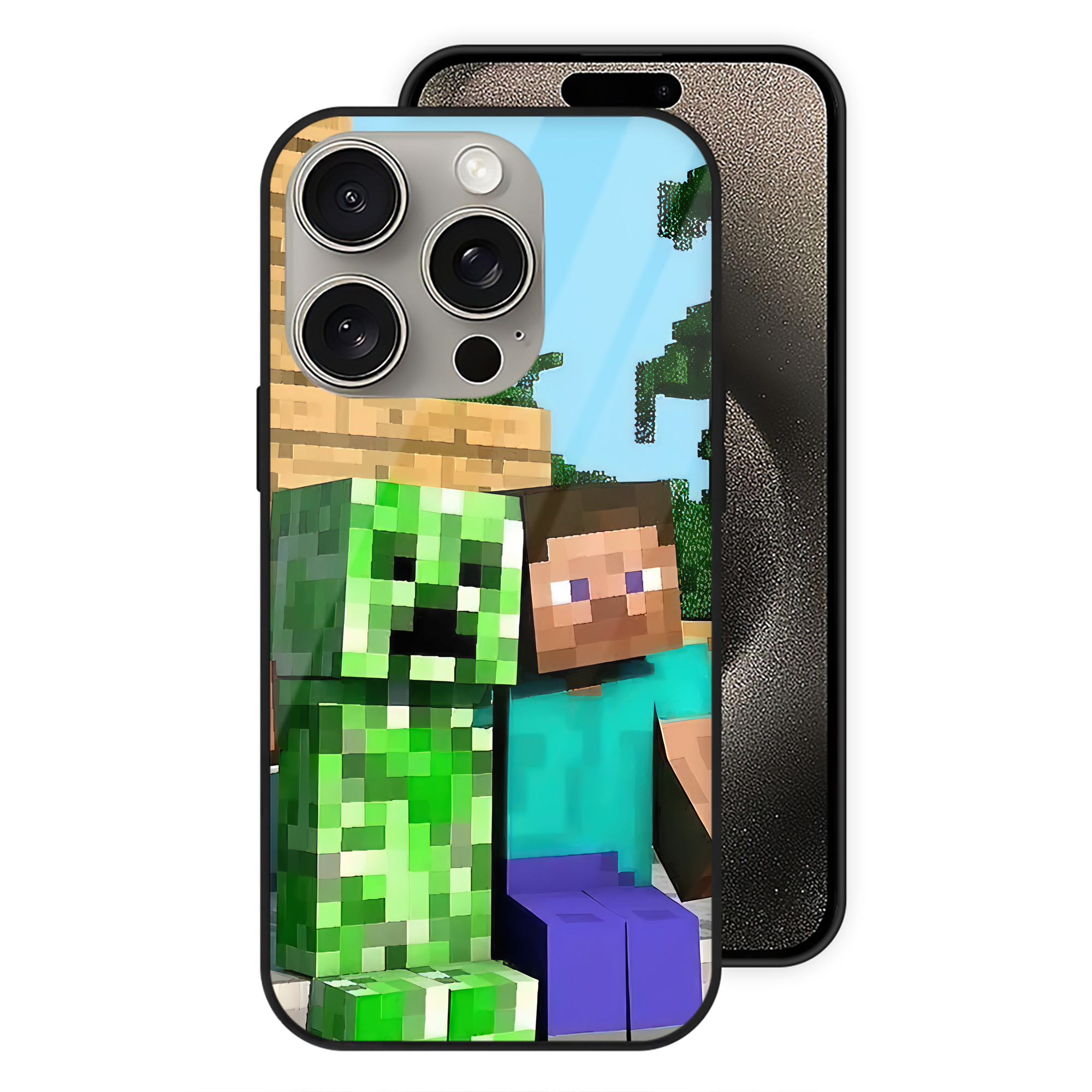 （画像用） マインクラフト ブロックの世界 Minecraft MC Block world 【iPhone15Pro対応】スマホケース 耐衝撃＆黄変防止 背面ガラス