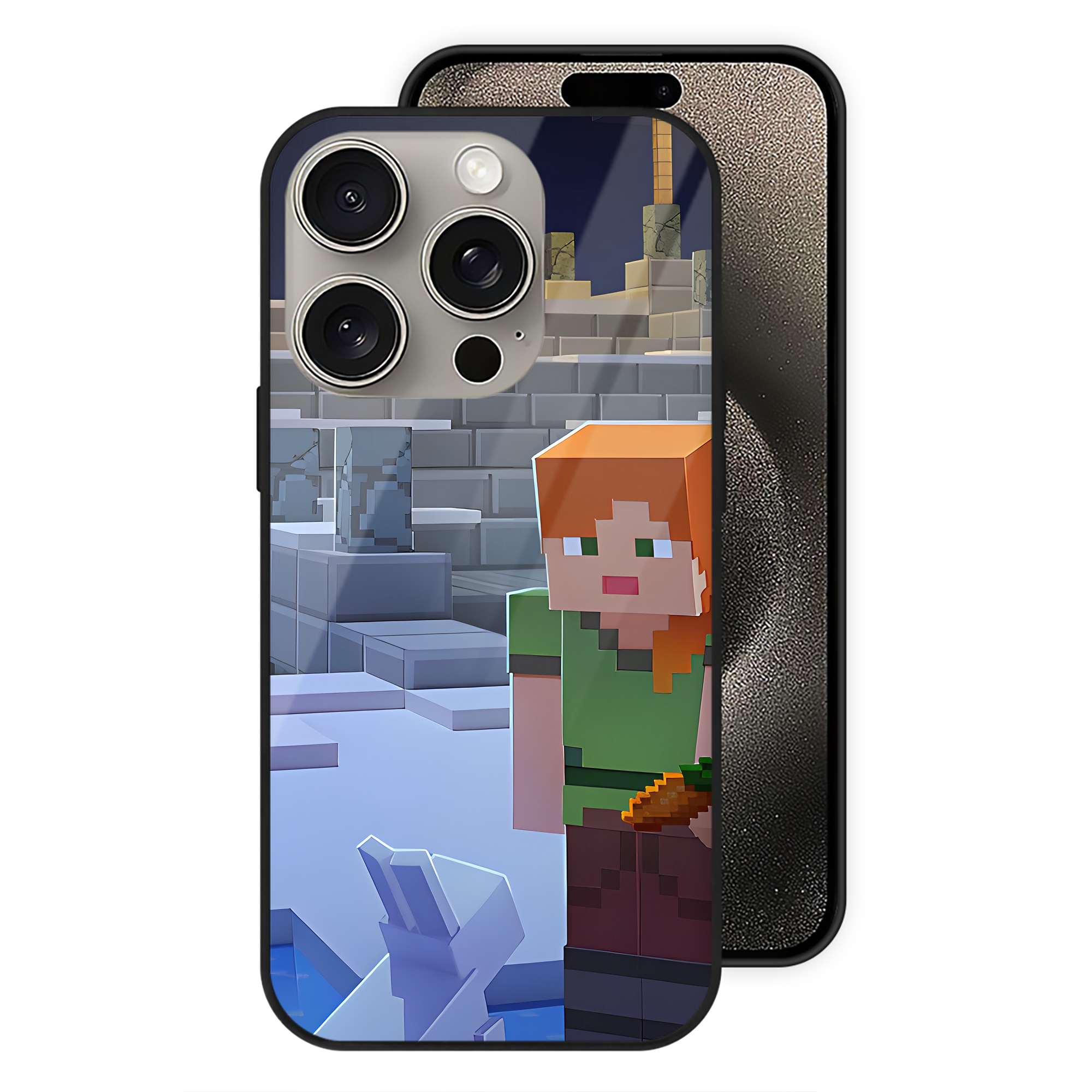 （画像用） マインクラフト ブロックの世界 Minecraft MC Block world 【iPhone15Pro対応】スマホケース 耐衝撃＆黄変防止 背面ガラス