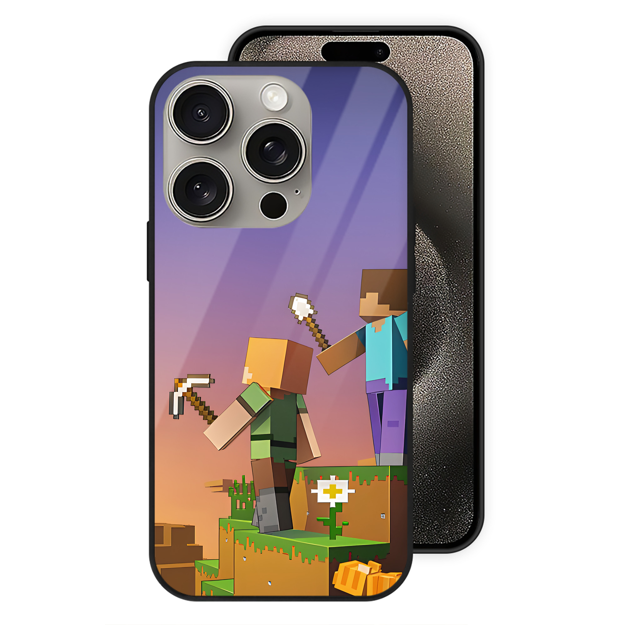 （画像用） マインクラフト ブロックの世界 Minecraft MC Block world 【iPhone15Pro対応】スマホケース 耐衝撃＆黄変防止 背面ガラス