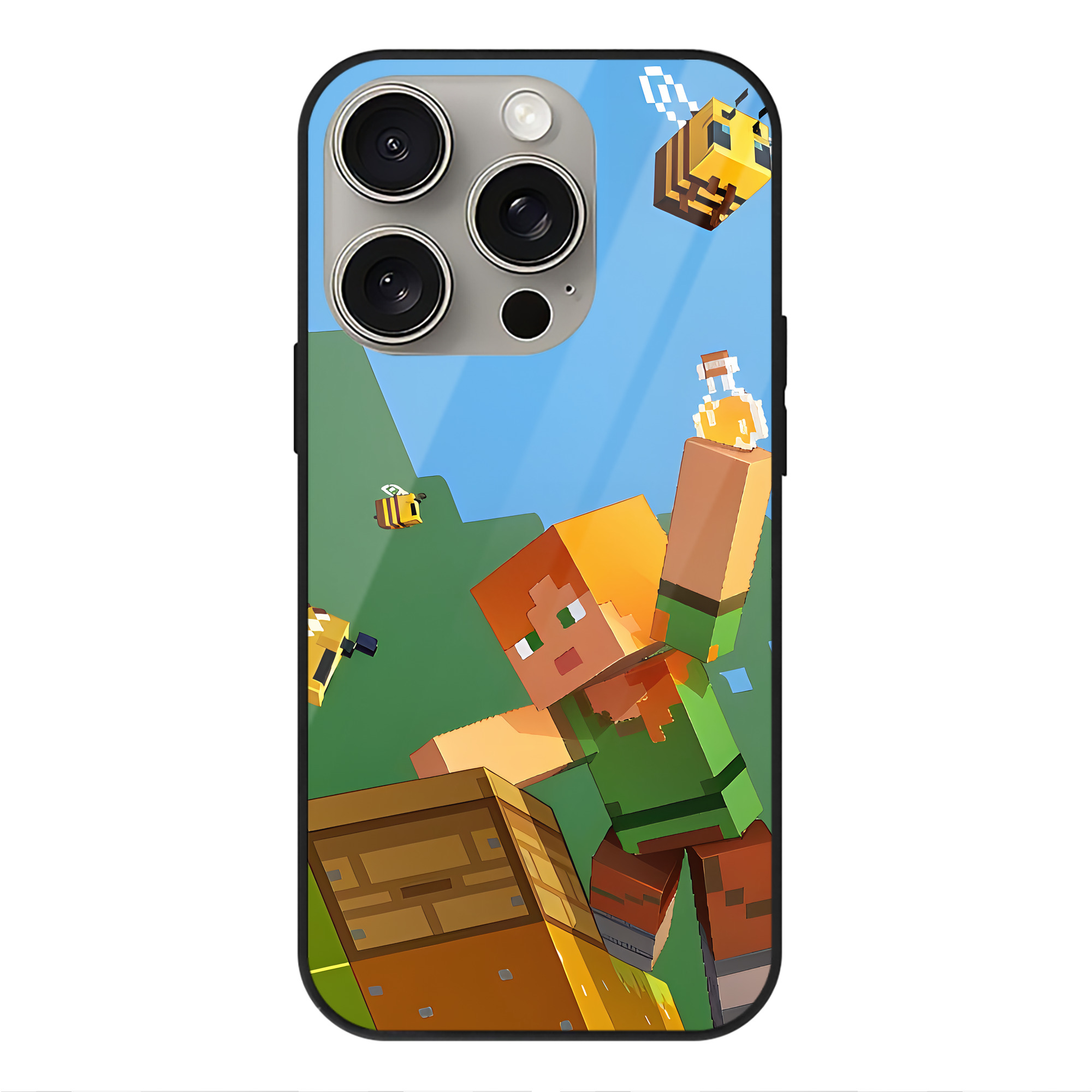 （画像用） マインクラフト ブロックの世界 Minecraft MC Block world 【iPhone15Pro対応】スマホケース 耐衝撃＆黄変防止 背面ガラス