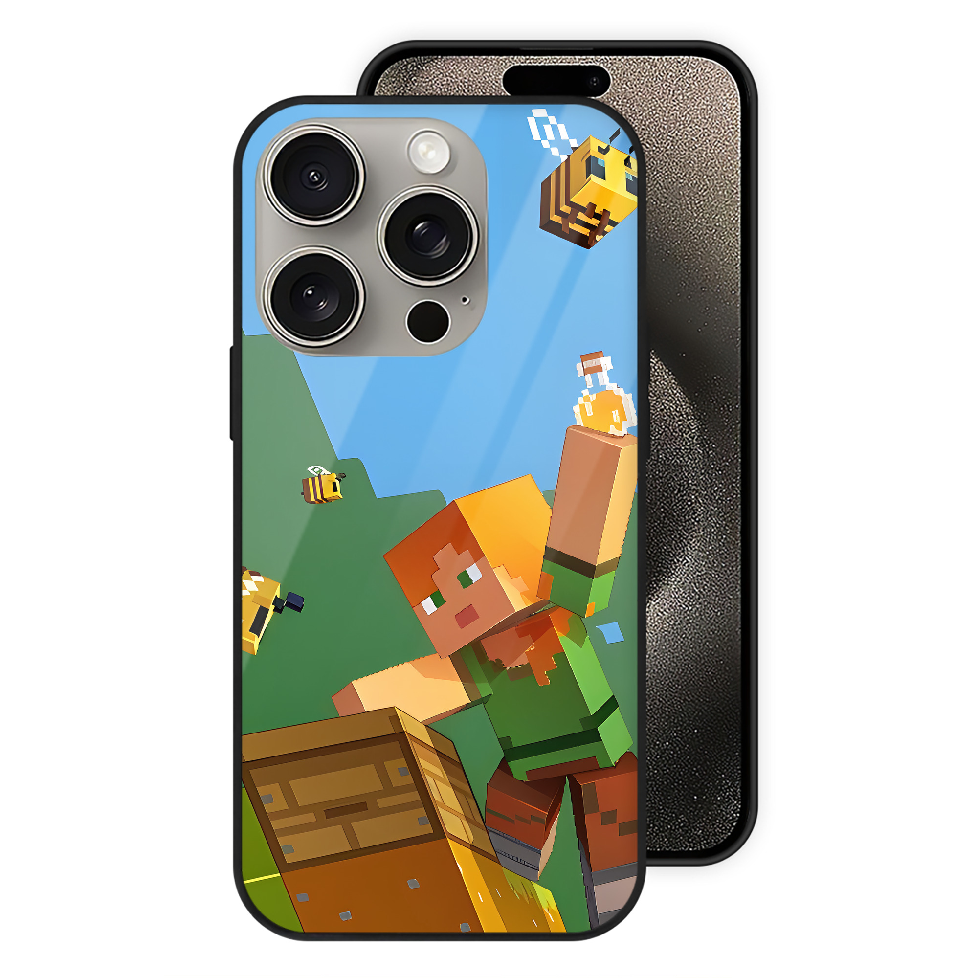 （画像用） マインクラフト ブロックの世界 Minecraft MC Block world 【iPhone15Pro対応】スマホケース 耐衝撃＆黄変防止 背面ガラス