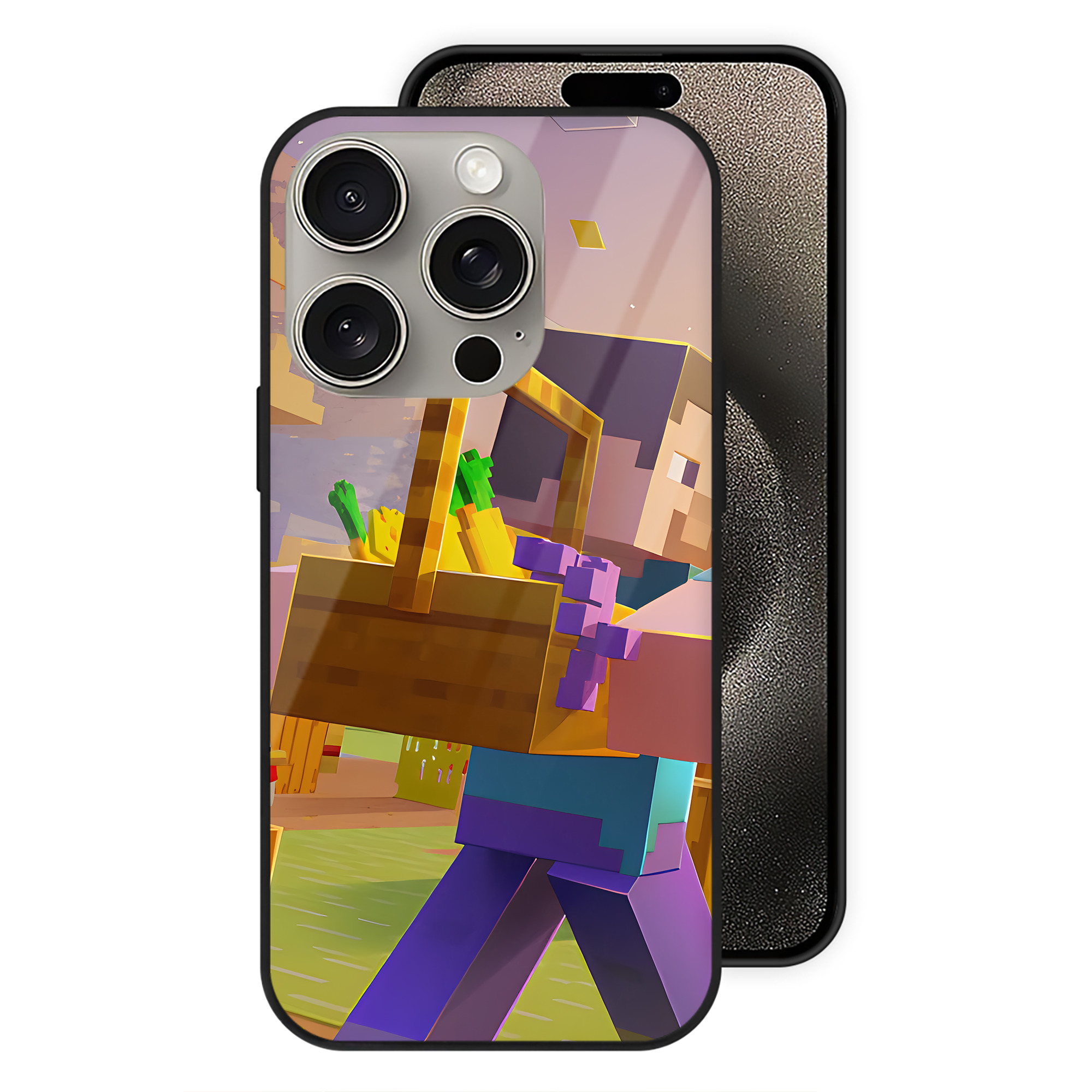 （画像用） マインクラフト ブロックの世界 Minecraft MC Block world 【iPhone15Pro対応】スマホケース 耐衝撃＆黄変防止 背面ガラス