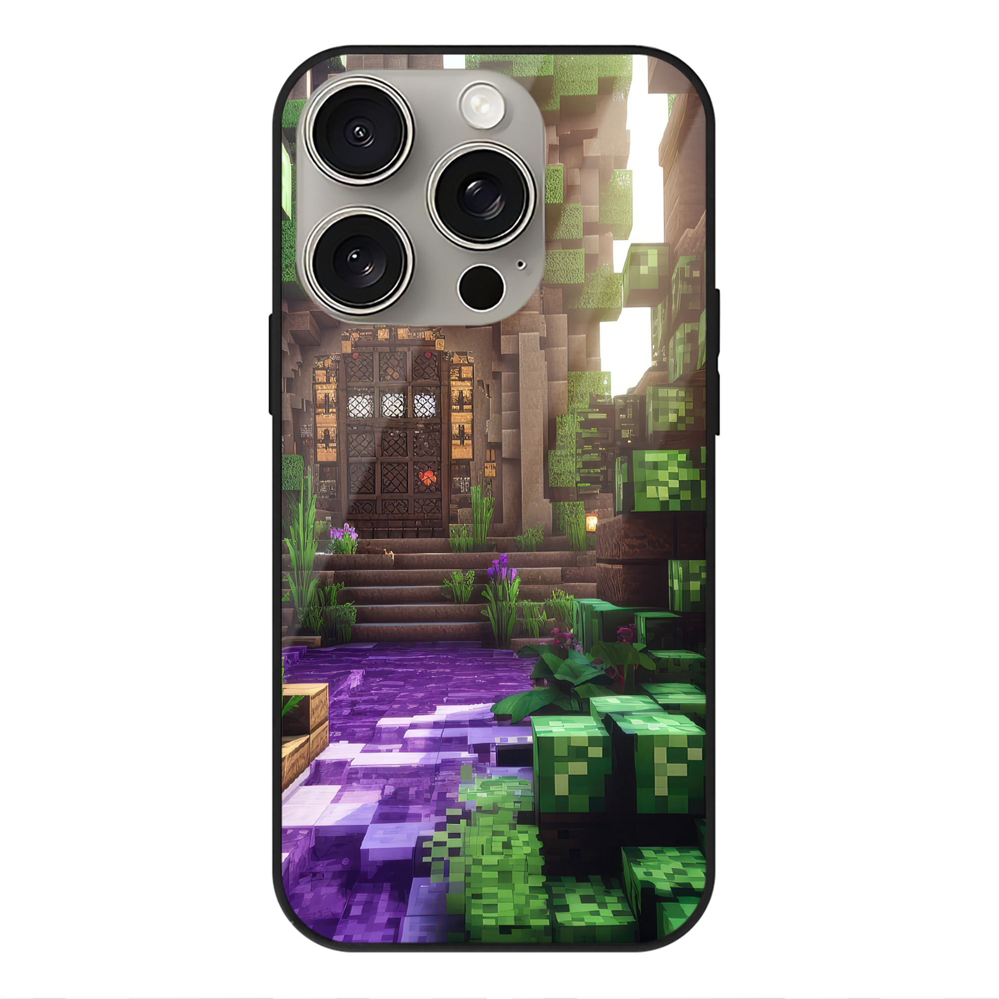 （画像用） マインクラフト ブロックの世界 Minecraft MC Block world 【iPhone15Pro対応】スマホケース 耐衝撃＆黄変防止 背面ガラス