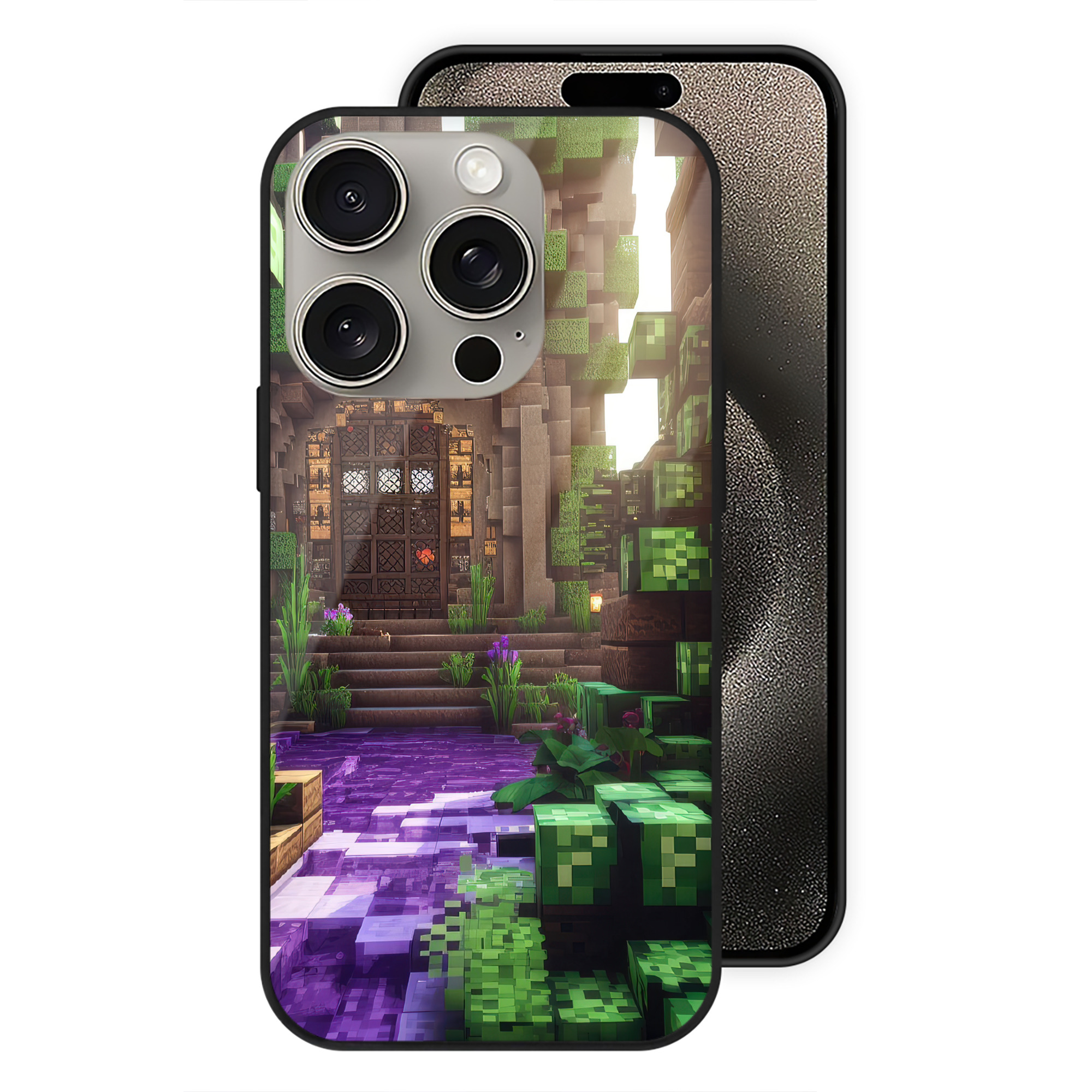 （画像用） マインクラフト ブロックの世界 Minecraft MC Block world 【iPhone15Pro対応】スマホケース 耐衝撃＆黄変防止 背面ガラス