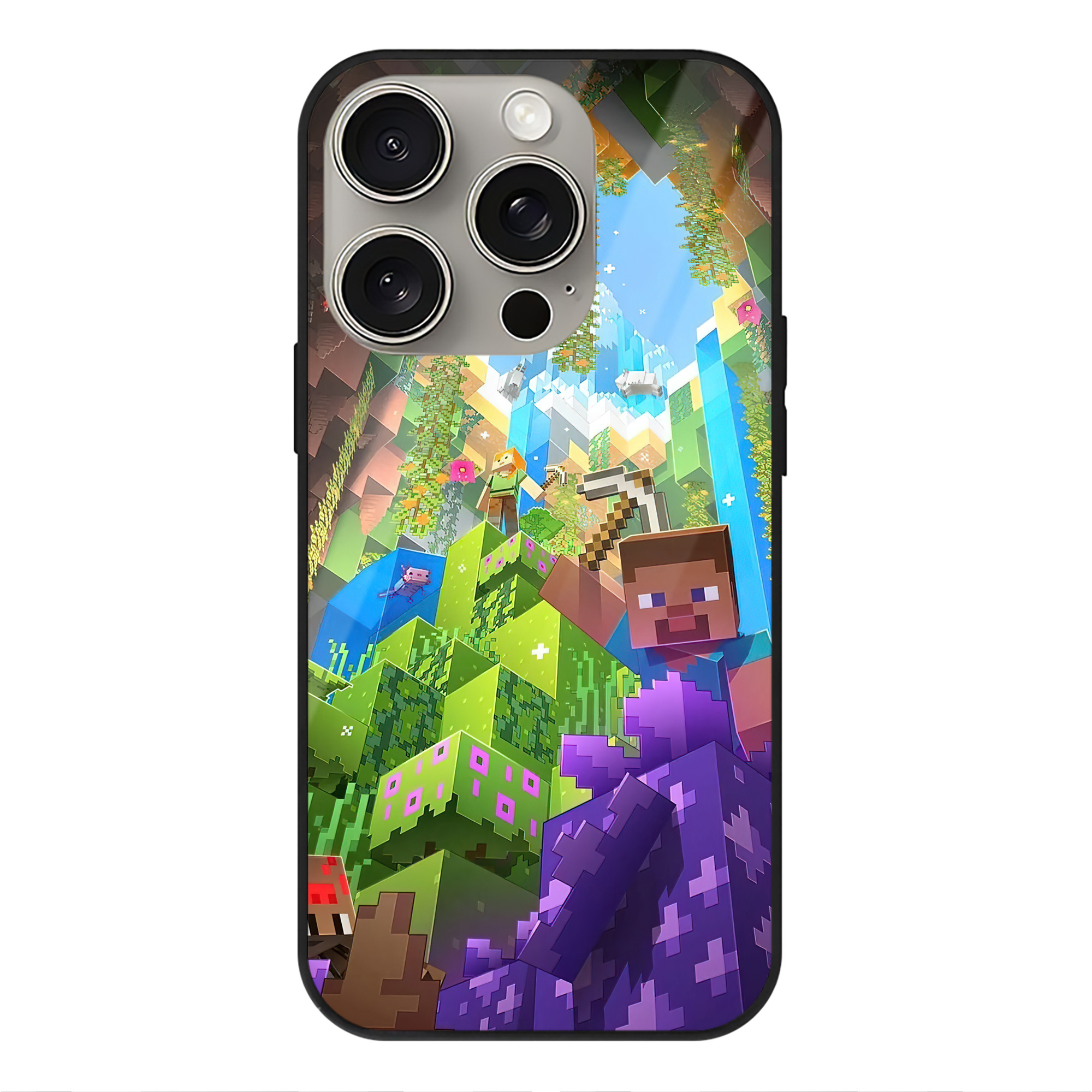 （画像用） マインクラフト ブロックの世界 Minecraft MC Block world 【iPhone15Pro対応】スマホケース 耐衝撃＆黄変防止 背面ガラス