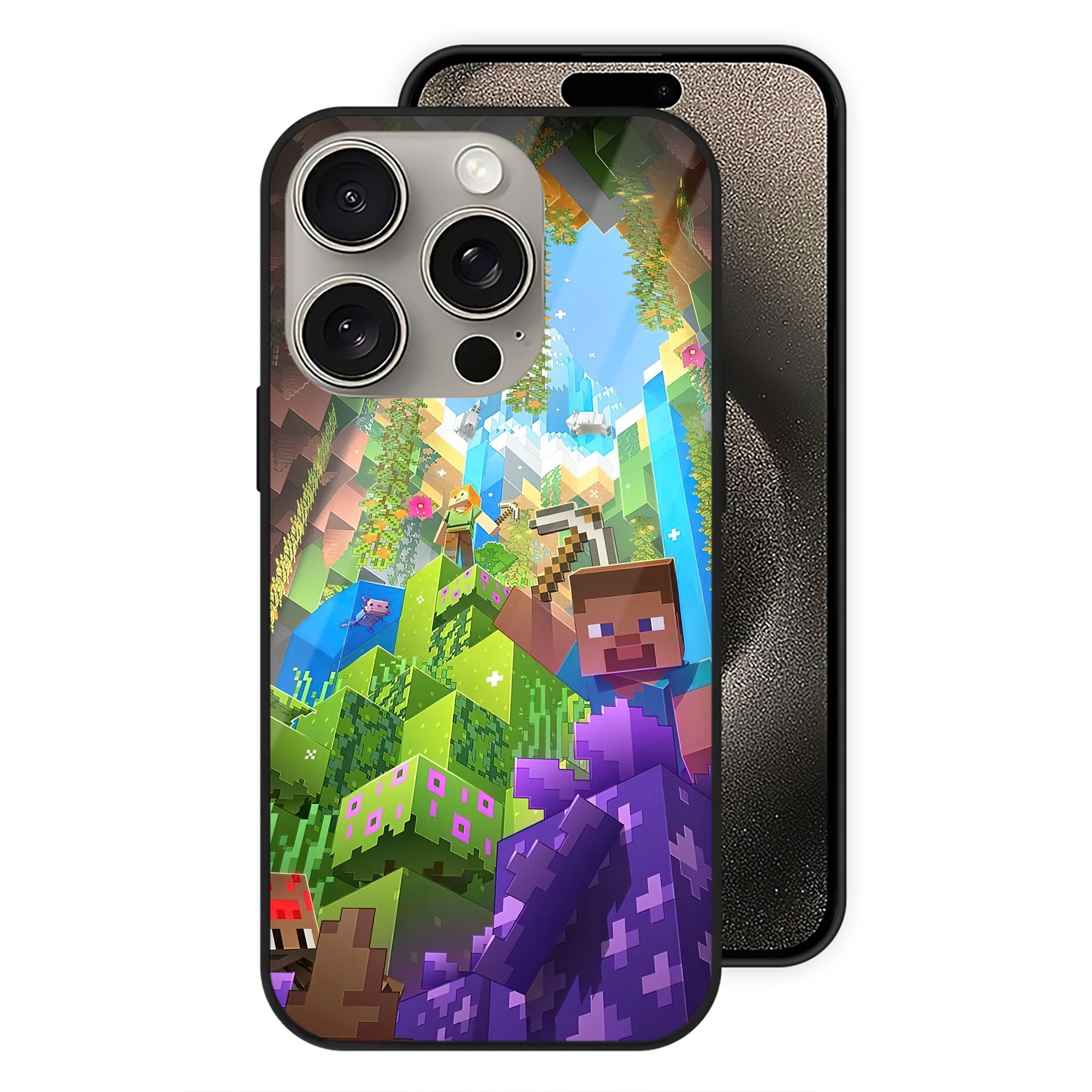 （画像用） マインクラフト ブロックの世界 Minecraft MC Block world 【iPhone15Pro対応】スマホケース 耐衝撃＆黄変防止 背面ガラス
