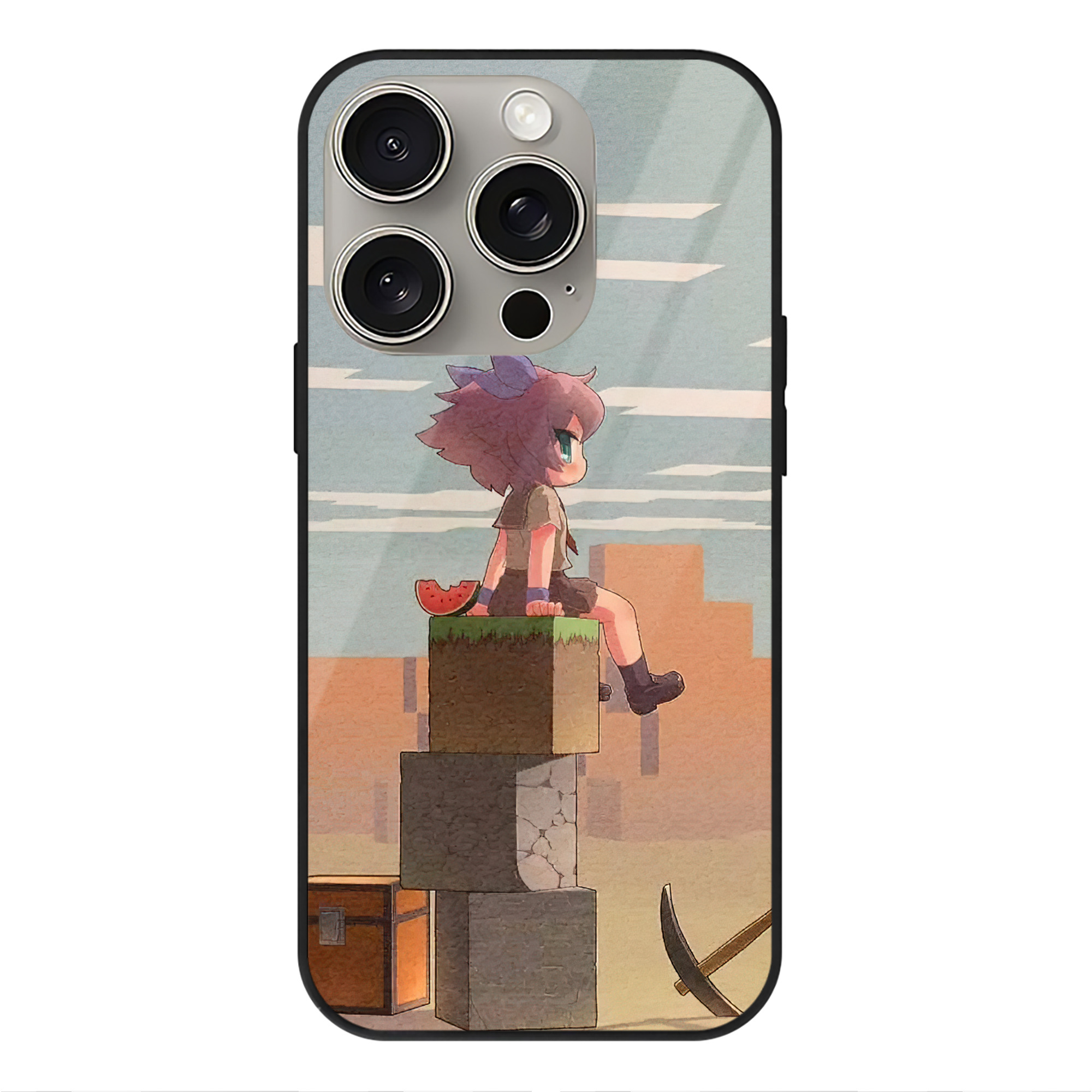 （画像用） マインクラフト ブロックの世界 Minecraft MC Block world 【iPhone15Pro対応】スマホケース 耐衝撃＆黄変防止 背面ガラス