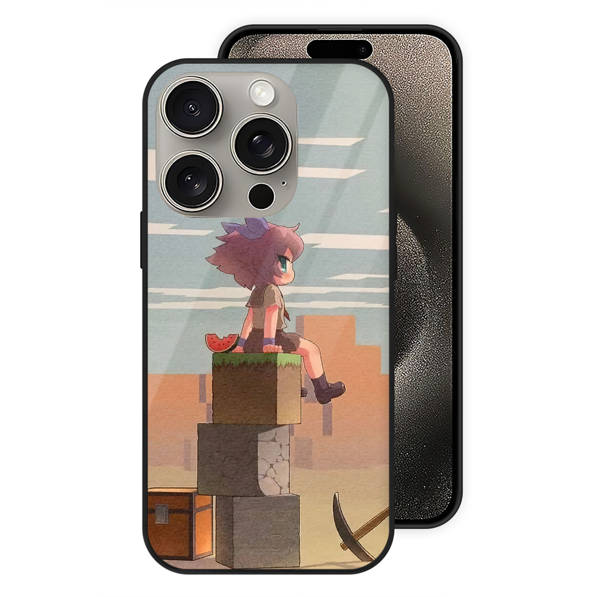 （画像用） マインクラフト ブロックの世界 Minecraft MC Block world 【iPhone15Pro対応】スマホケース 耐衝撃＆黄変防止 背面ガラス
