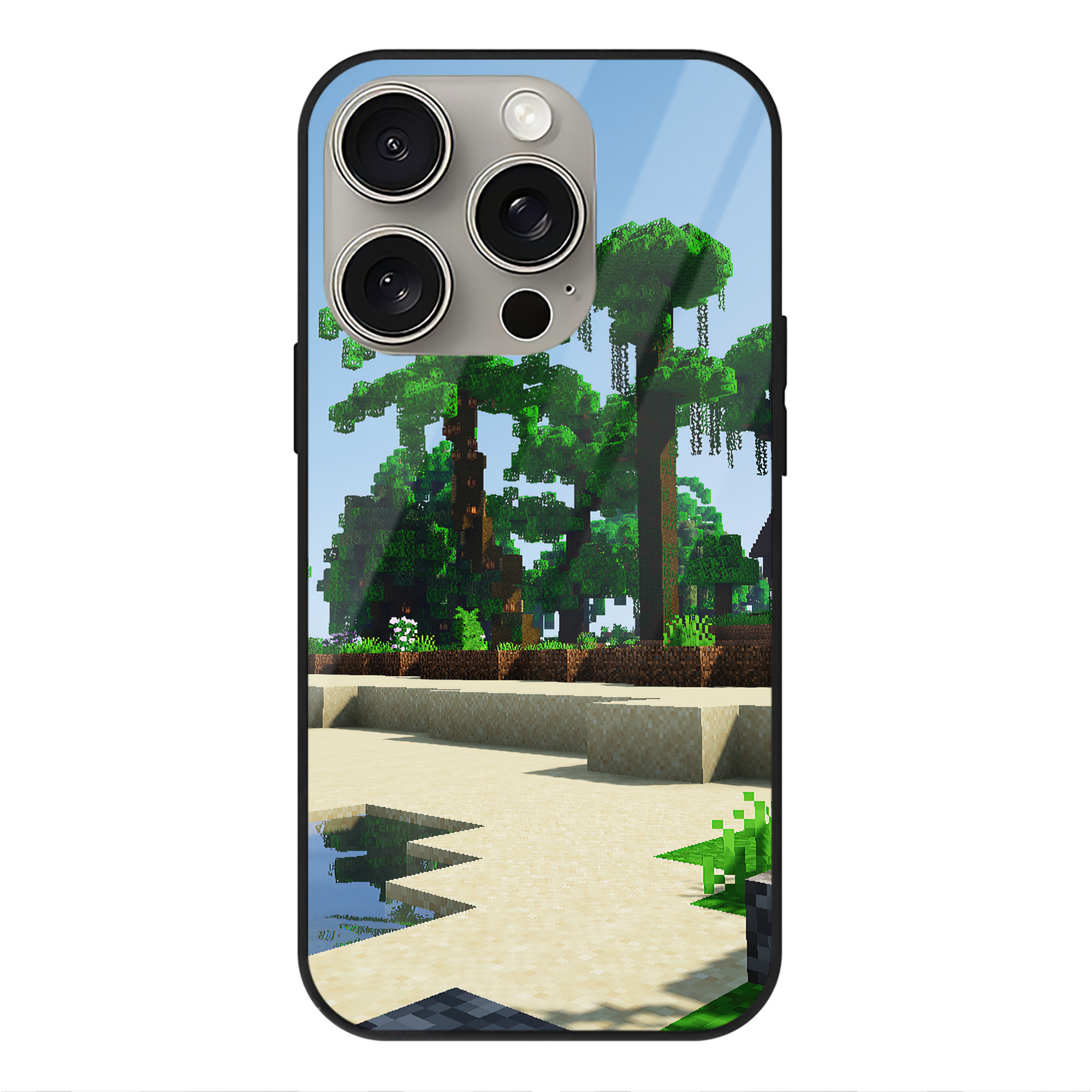 （画像用） マインクラフト ブロックの世界 Minecraft MC Block world 【iPhone15Pro対応】スマホケース 耐衝撃＆黄変防止 背面ガラス