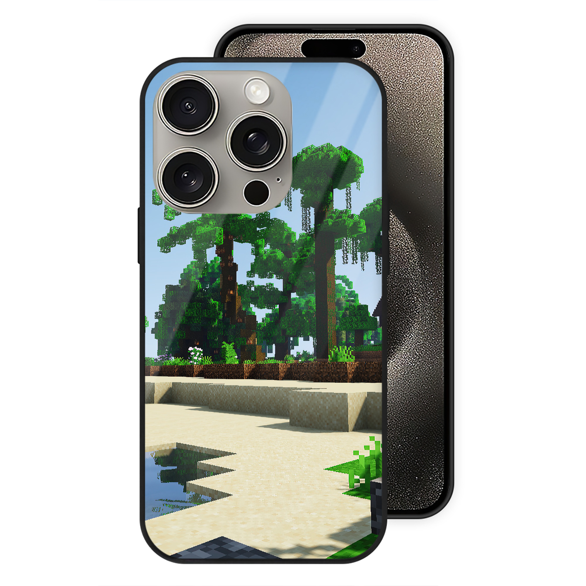 （画像用） マインクラフト ブロックの世界 Minecraft MC Block world 【iPhone15Pro対応】スマホケース 耐衝撃＆黄変防止 背面ガラス