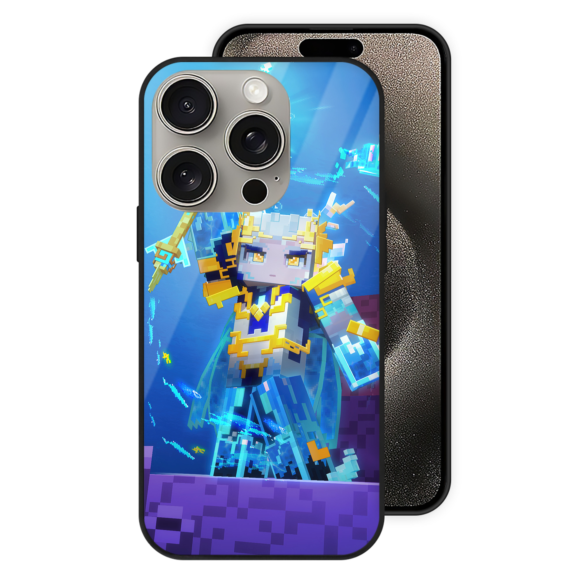 （画像用） マインクラフト ブロックの世界 Minecraft MC Block world 【iPhone15Pro対応】スマホケース 耐衝撃＆黄変防止 背面ガラス