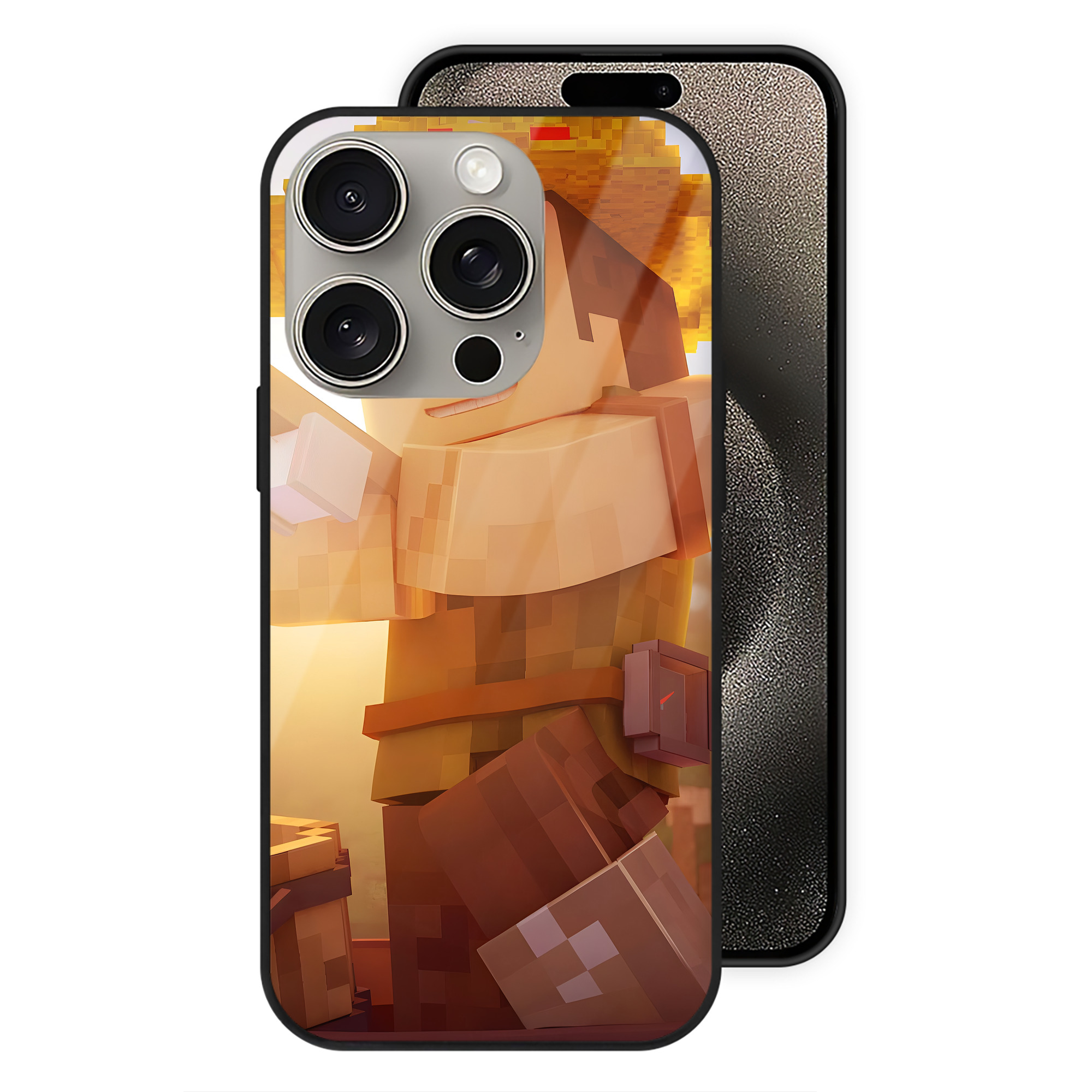 （画像用） マインクラフト ブロックの世界 Minecraft MC Block world 【iPhone15Pro対応】スマホケース 耐衝撃＆黄変防止 背面ガラス