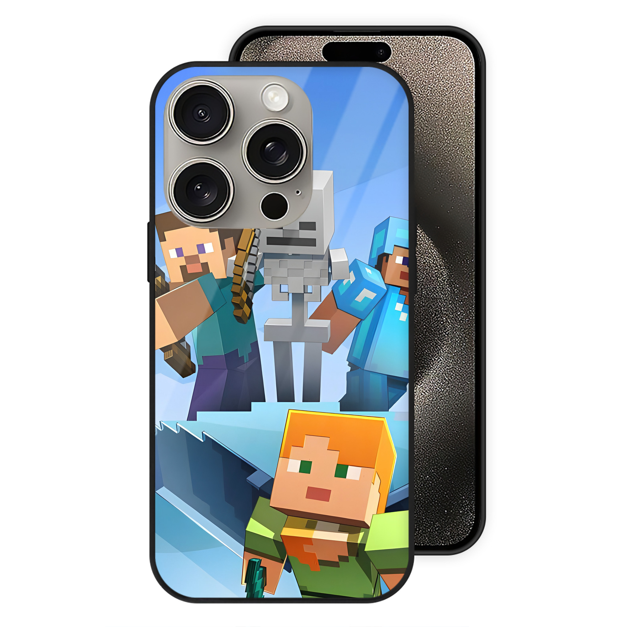 （画像用） マインクラフト ブロックの世界 Minecraft MC Block world 【iPhone15Pro対応】スマホケース 耐衝撃＆黄変防止 背面ガラス