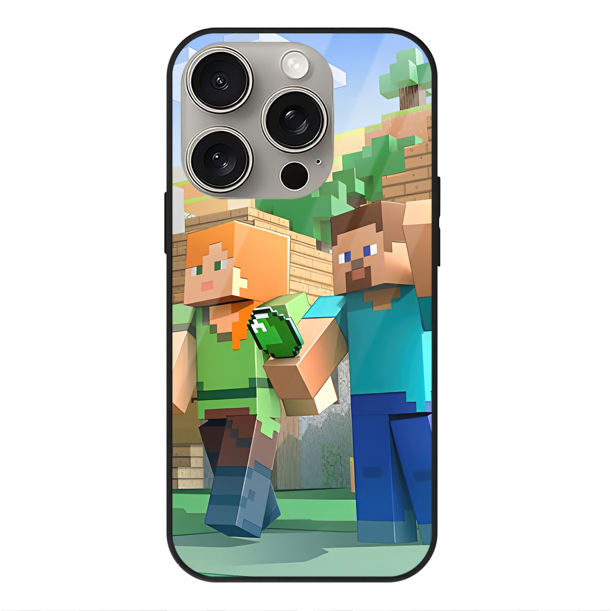 （画像用） マインクラフト ブロックの世界 Minecraft MC Block world 【iPhone15Pro対応】スマホケース 耐衝撃＆黄変防止 背面ガラス
