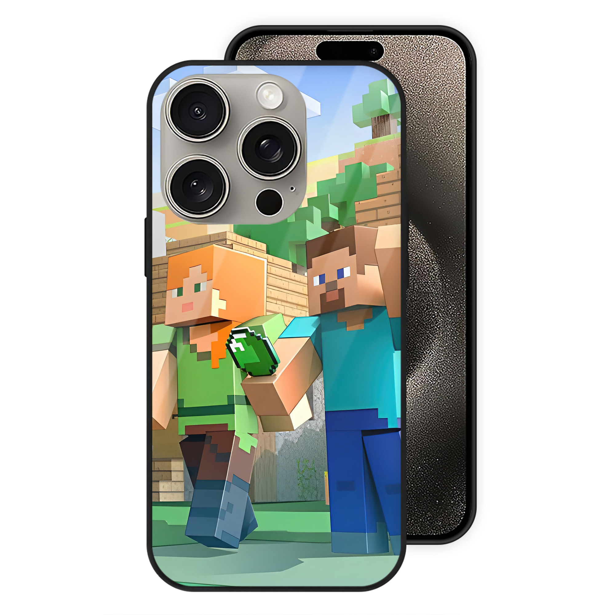 （画像用） マインクラフト ブロックの世界 Minecraft MC Block world 【iPhone15Pro対応】スマホケース 耐衝撃＆黄変防止 背面ガラス