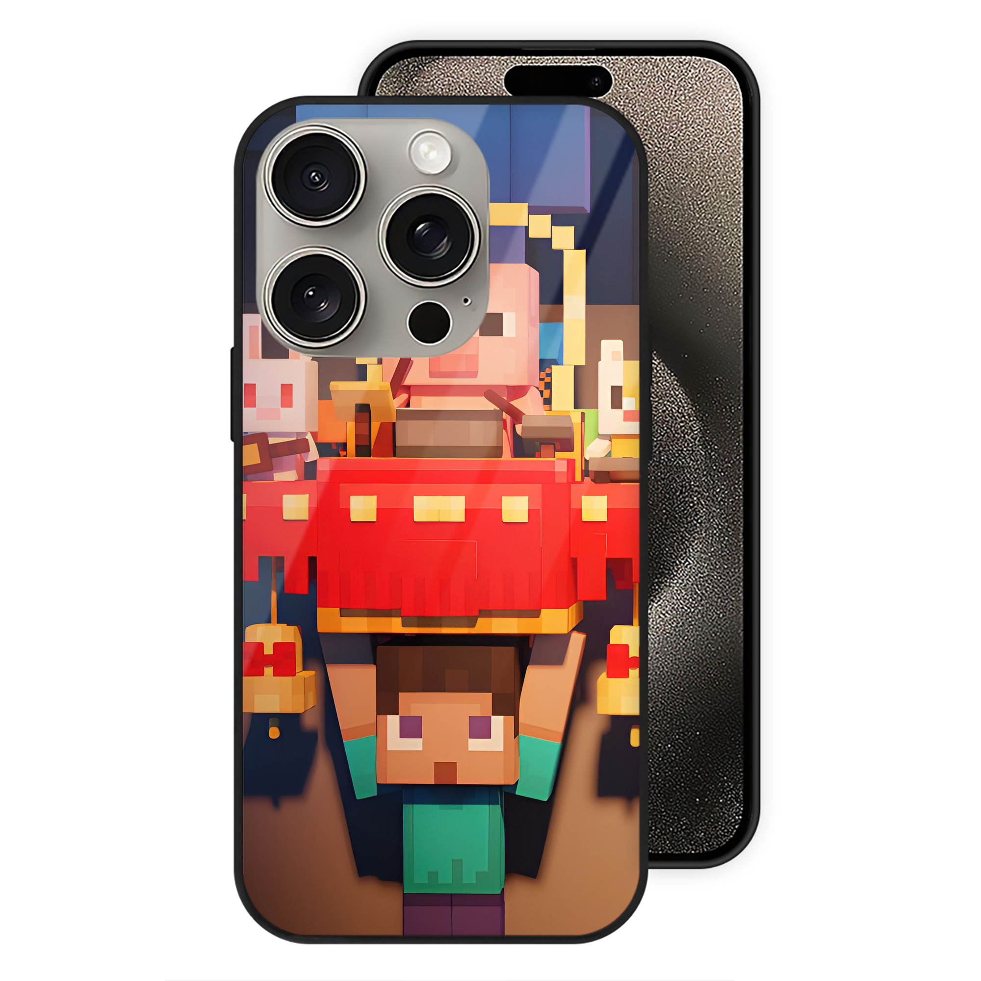 （画像用） マインクラフト ブロックの世界 Minecraft MC Block world 【iPhone15Pro対応】スマホケース 耐衝撃＆黄変防止 背面ガラス