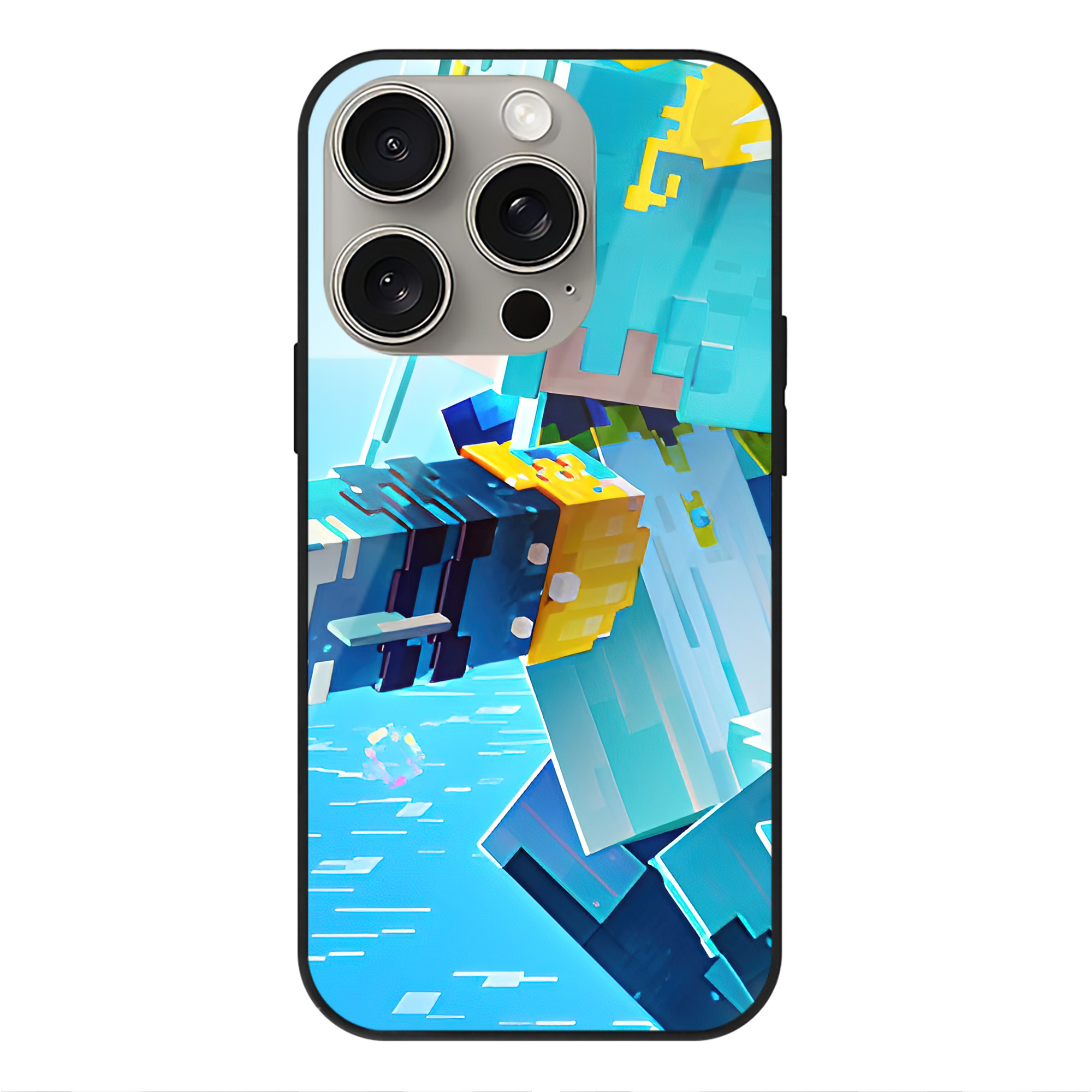 （画像用） マインクラフト ブロックの世界 Minecraft MC Block world 【iPhone15Pro対応】スマホケース 耐衝撃＆黄変防止 背面ガラス