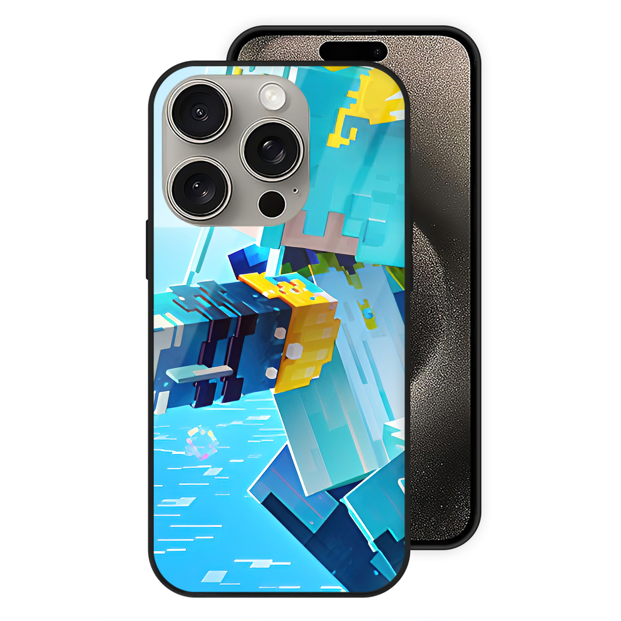 （画像用） マインクラフト ブロックの世界 Minecraft MC Block world 【iPhone15Pro対応】スマホケース 耐衝撃＆黄変防止 背面ガラス