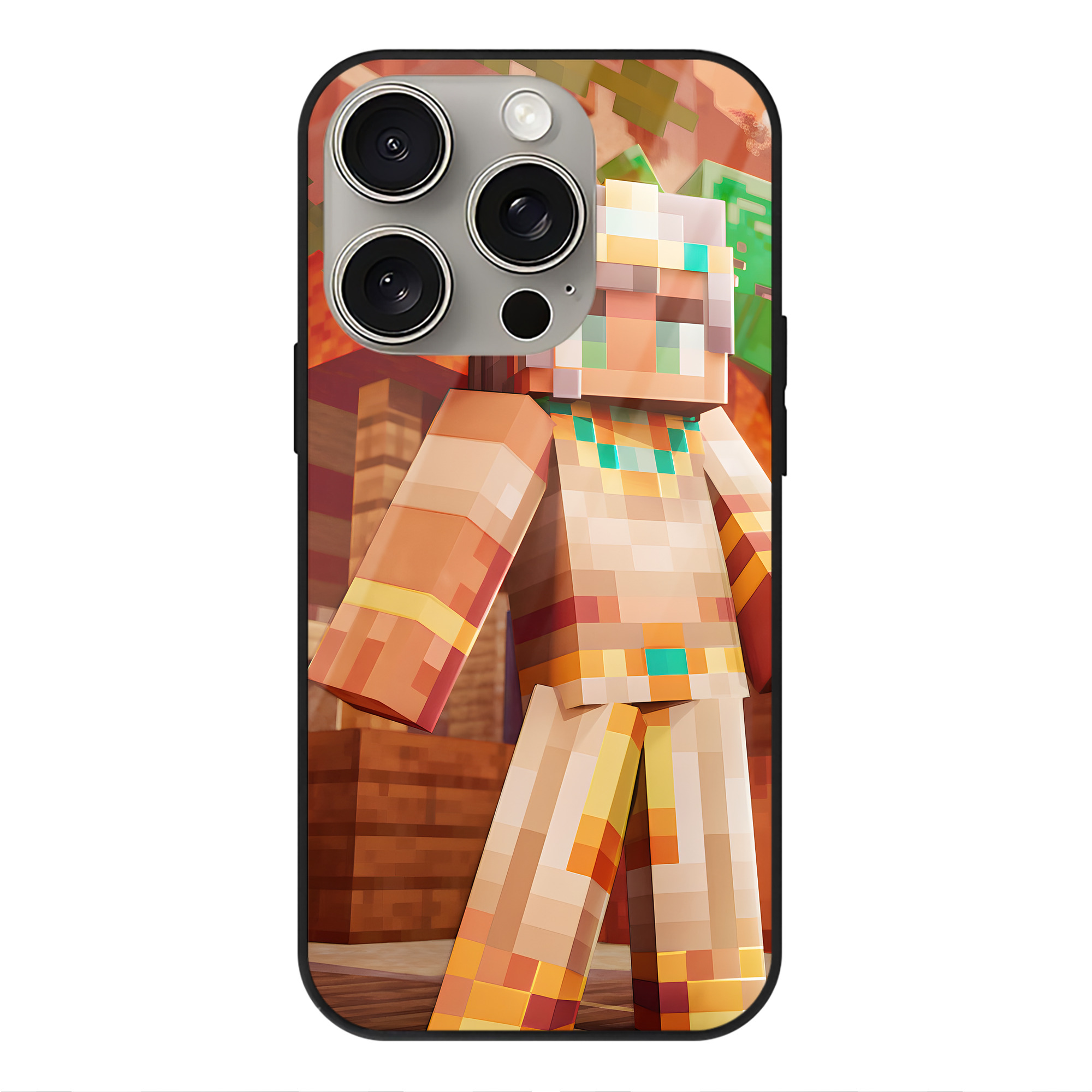 （画像用） マインクラフト ブロックの世界 Minecraft MC Block world 【iPhone15Pro対応】スマホケース 耐衝撃＆黄変防止 背面ガラス