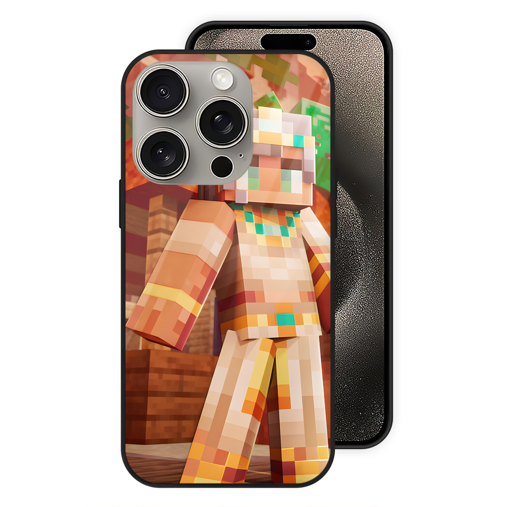 （画像用） マインクラフト ブロックの世界 Minecraft MC Block world 【iPhone15Pro対応】スマホケース 耐衝撃＆黄変防止 背面ガラス