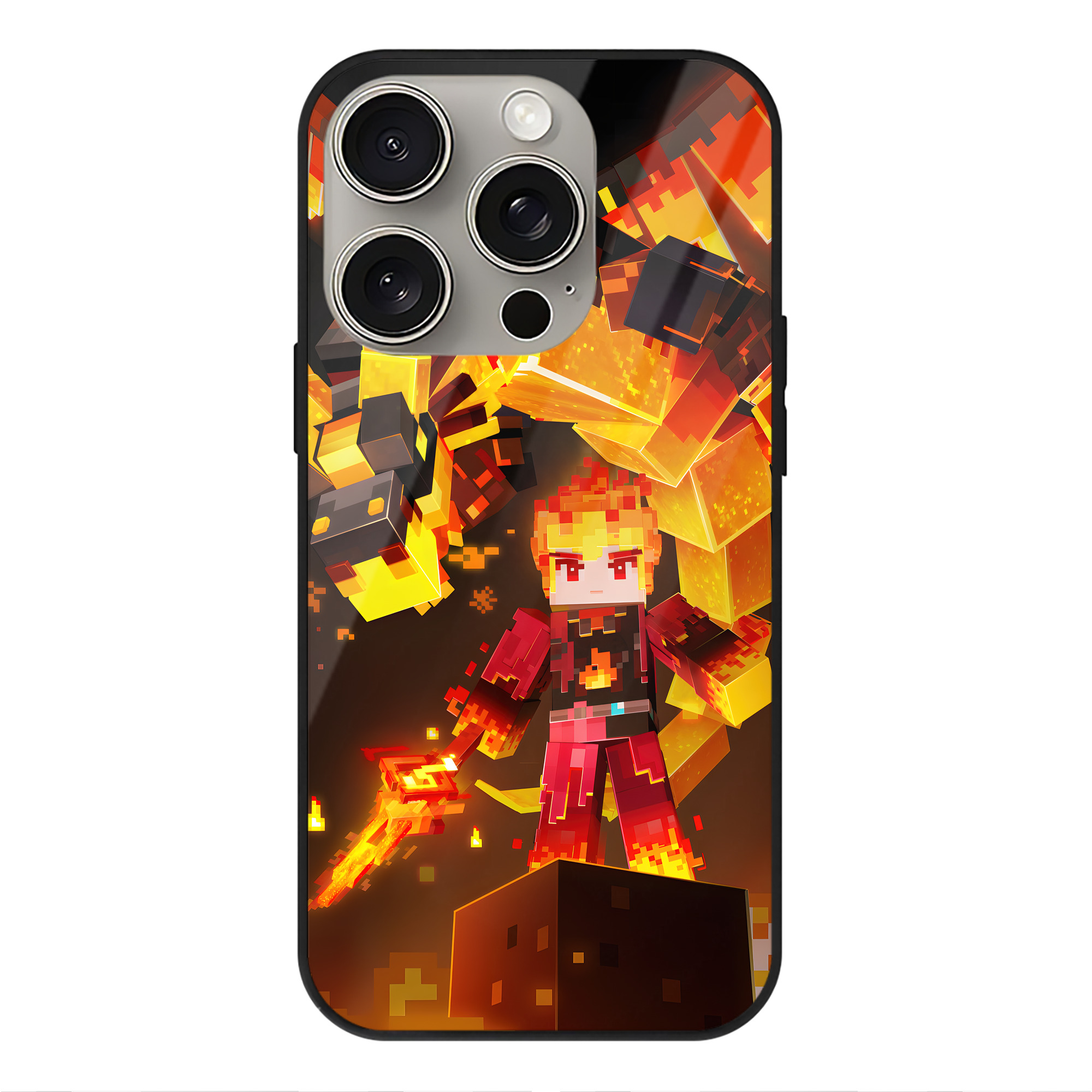 （画像用） マインクラフト ブロックの世界 Minecraft MC Block world 【iPhone15Pro対応】スマホケース 耐衝撃＆黄変防止 背面ガラス