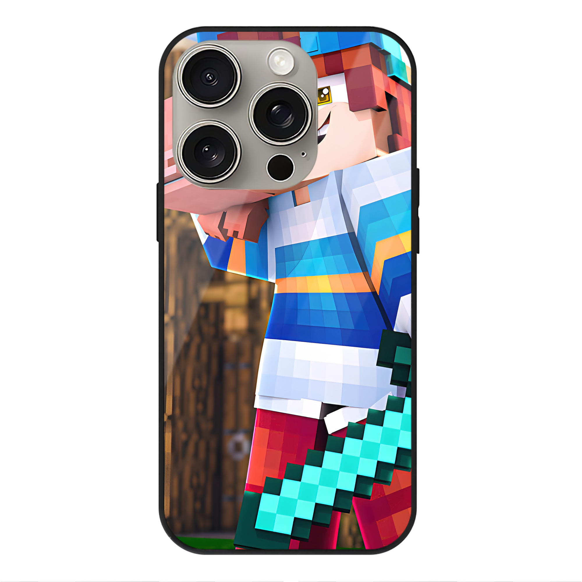 （画像用） マインクラフト ブロックの世界 Minecraft MC Block world 【iPhone15Pro対応】スマホケース 耐衝撃＆黄変防止 背面ガラス