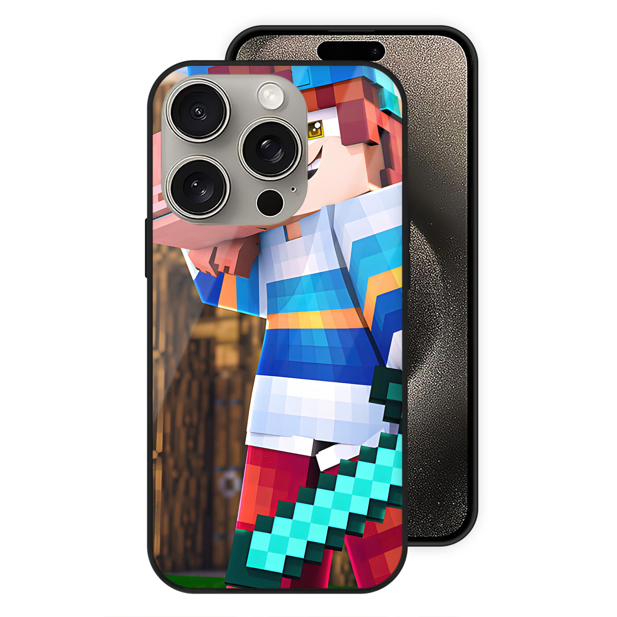 （画像用） マインクラフト ブロックの世界 Minecraft MC Block world 【iPhone15Pro対応】スマホケース 耐衝撃＆黄変防止 背面ガラス