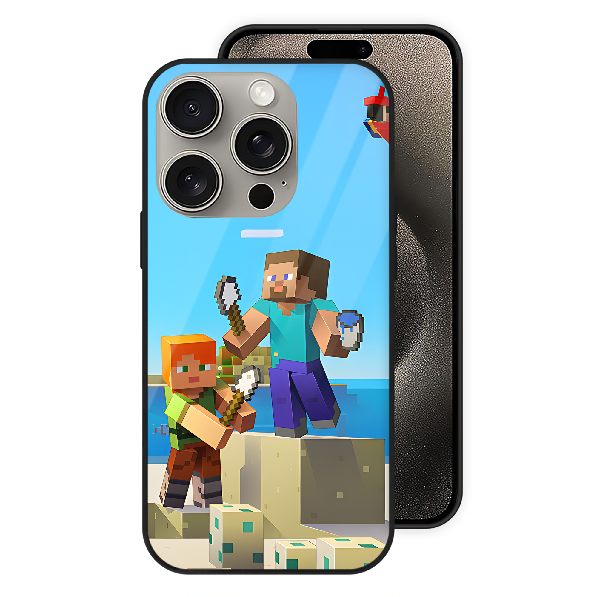（画像用） マインクラフト ブロックの世界 Minecraft MC Block world 【iPhone15Pro対応】スマホケース 耐衝撃＆黄変防止 背面ガラス