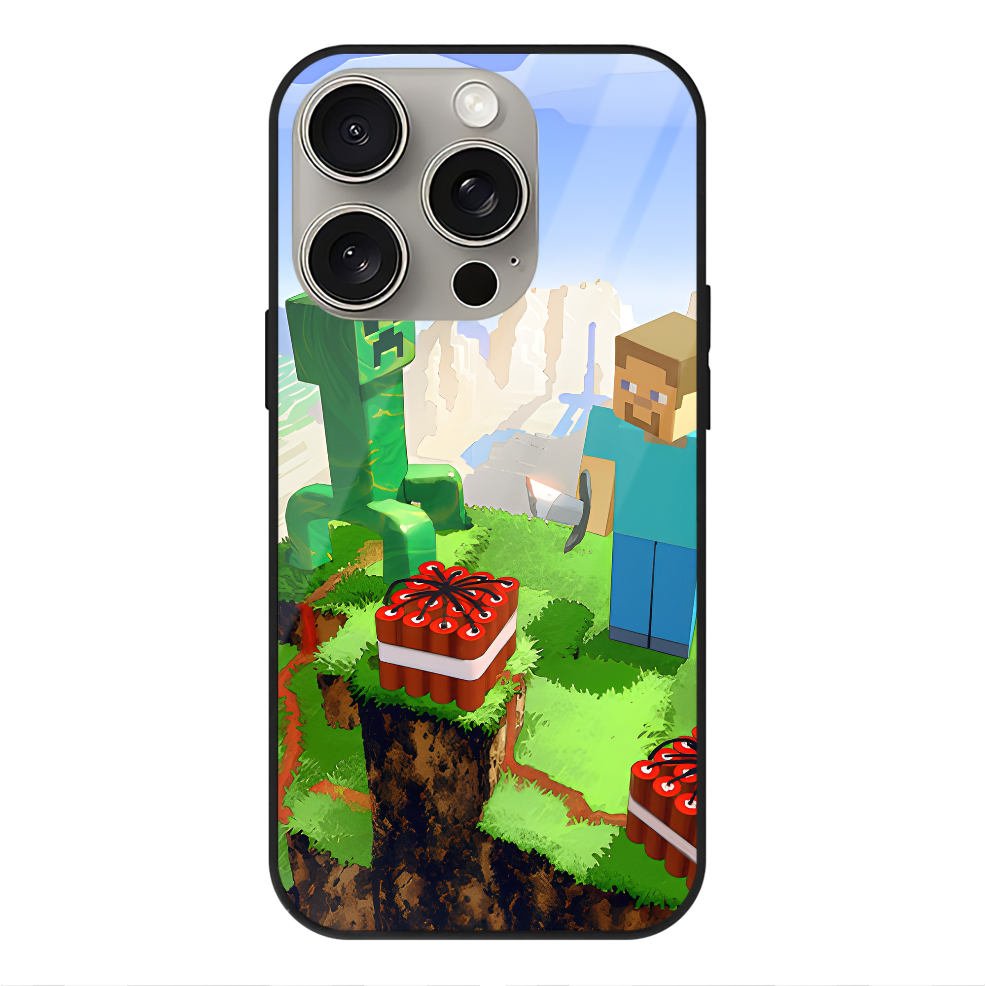 （画像用） マインクラフト ブロックの世界 Minecraft MC Block world 【iPhone15Pro対応】スマホケース 耐衝撃＆黄変防止 背面ガラス