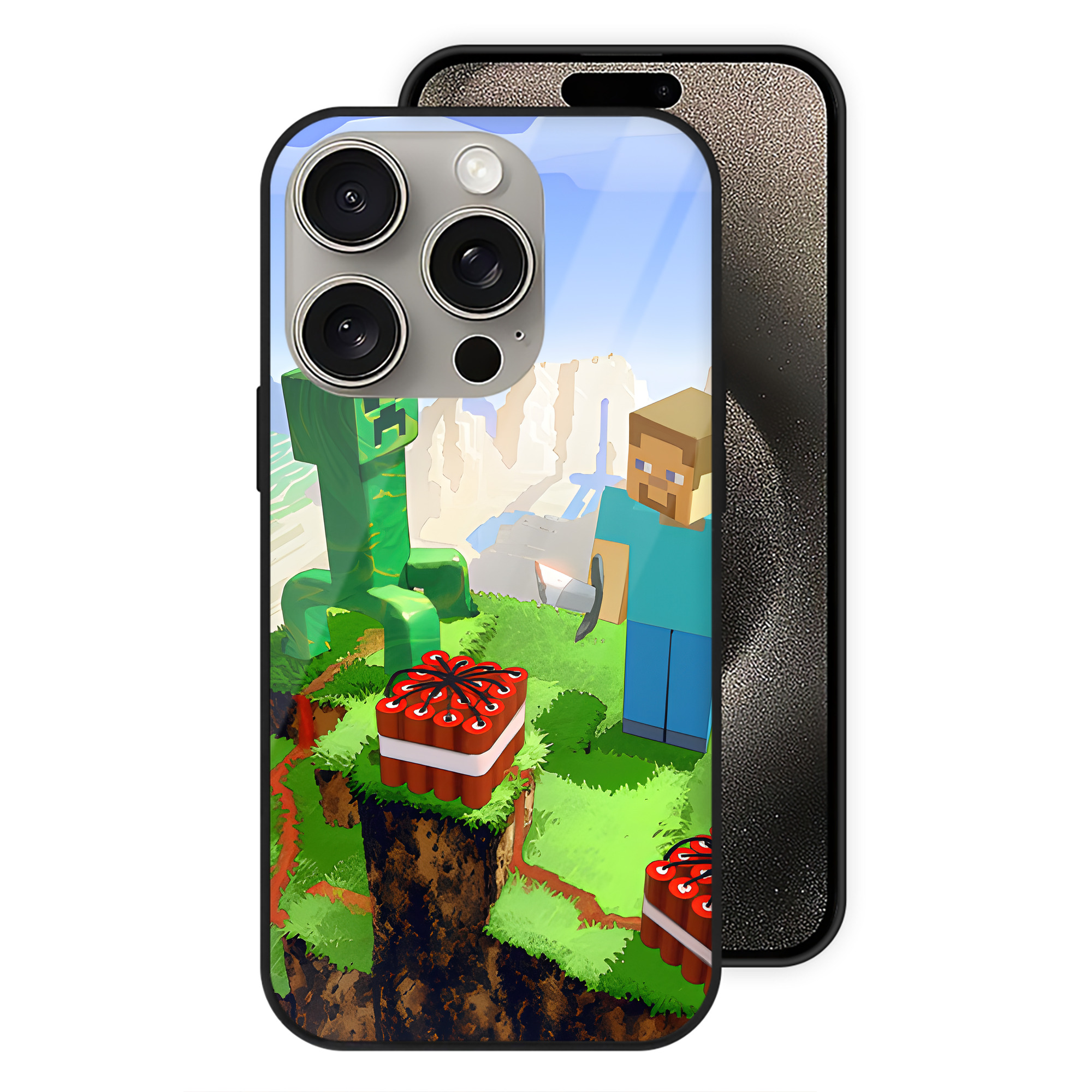 （画像用） マインクラフト ブロックの世界 Minecraft MC Block world 【iPhone15Pro対応】スマホケース 耐衝撃＆黄変防止 背面ガラス