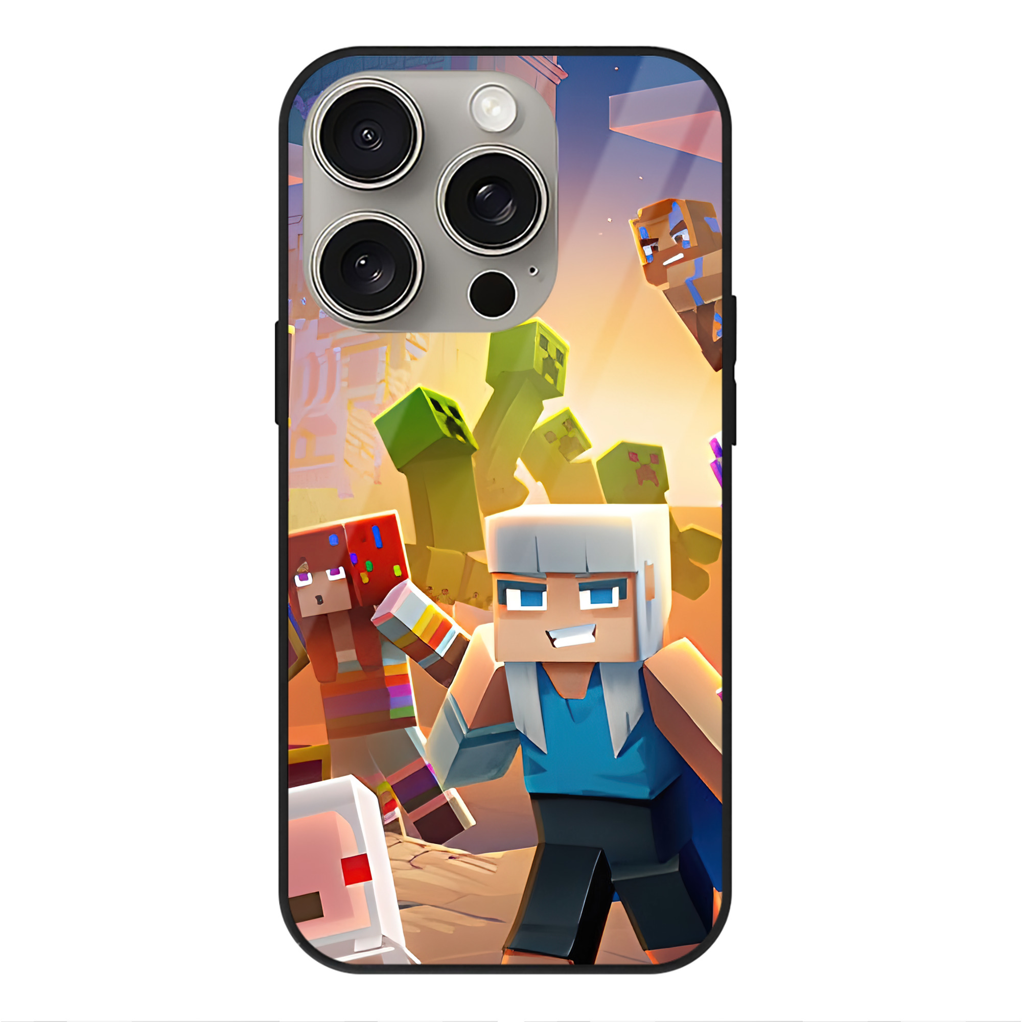 （画像用） マインクラフト ブロックの世界 Minecraft MC Block world 【iPhone15Pro対応】スマホケース 耐衝撃＆黄変防止 背面ガラス