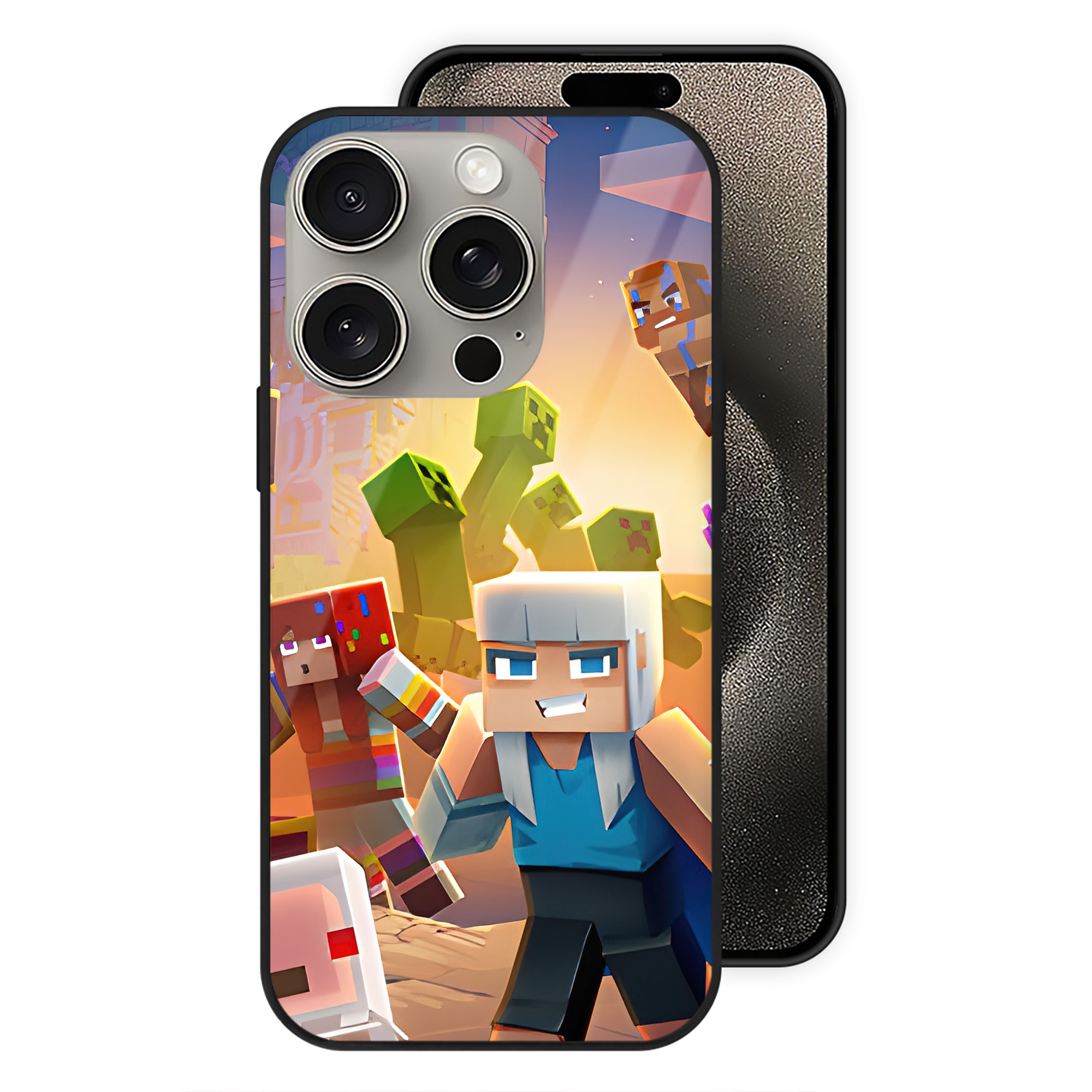 （画像用） マインクラフト ブロックの世界 Minecraft MC Block world 【iPhone15Pro対応】スマホケース 耐衝撃＆黄変防止 背面ガラス