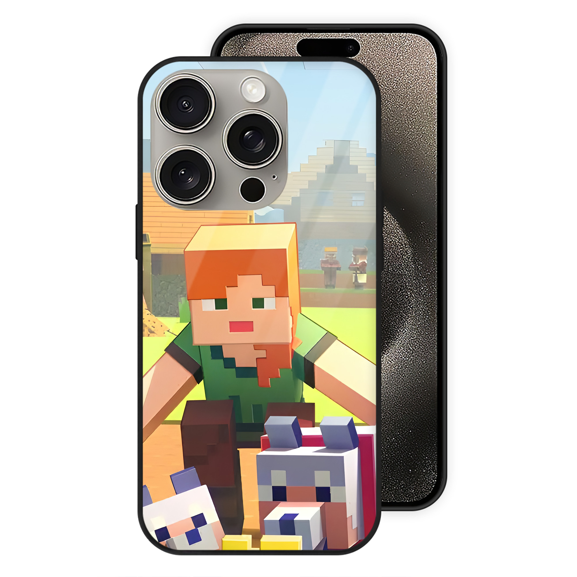 （画像用） マインクラフト ブロックの世界 Minecraft MC Block world 【iPhone15Pro対応】スマホケース 耐衝撃＆黄変防止 背面ガラス