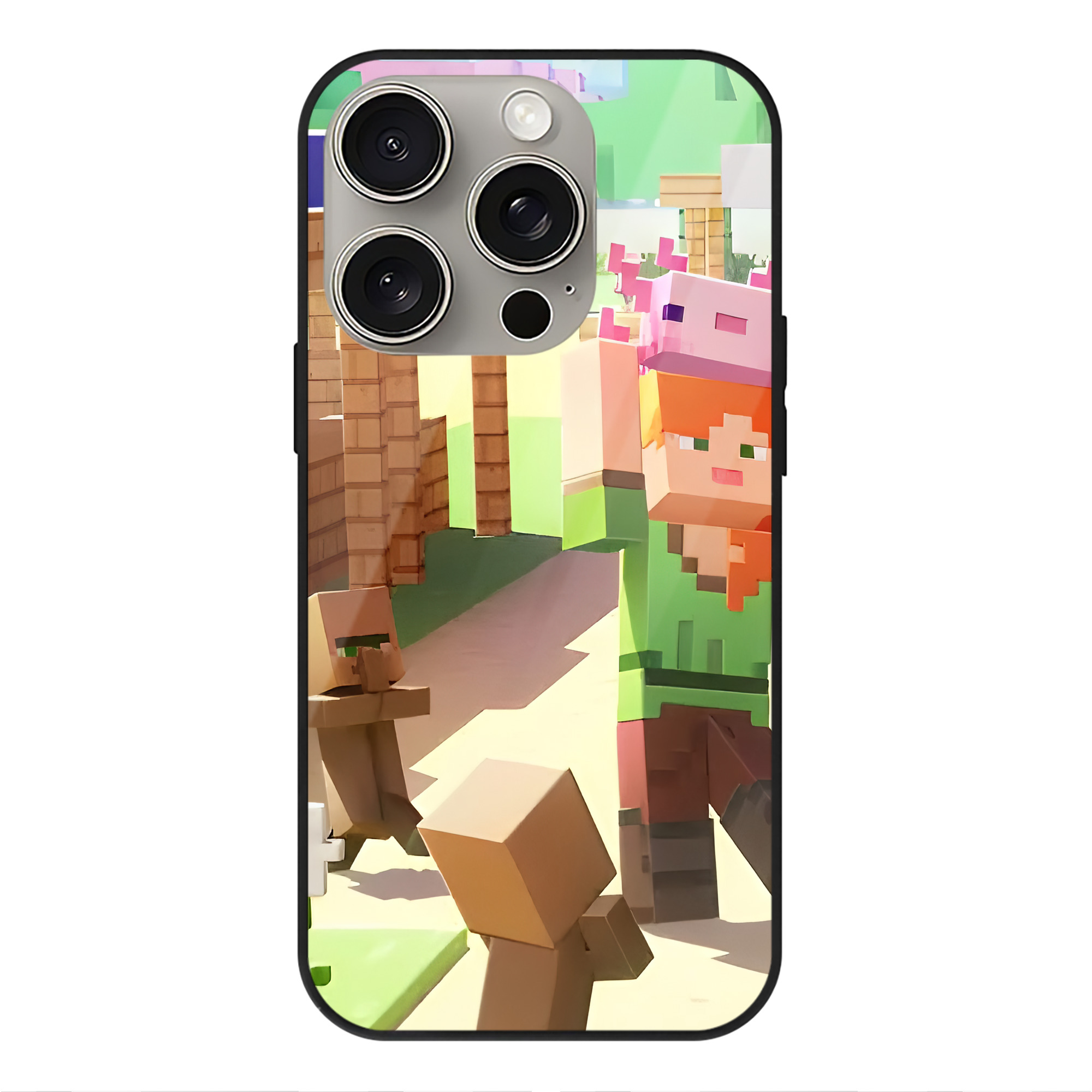 （画像用） マインクラフト ブロックの世界 Minecraft MC Block world 【iPhone15Pro対応】スマホケース 耐衝撃＆黄変防止 背面ガラス