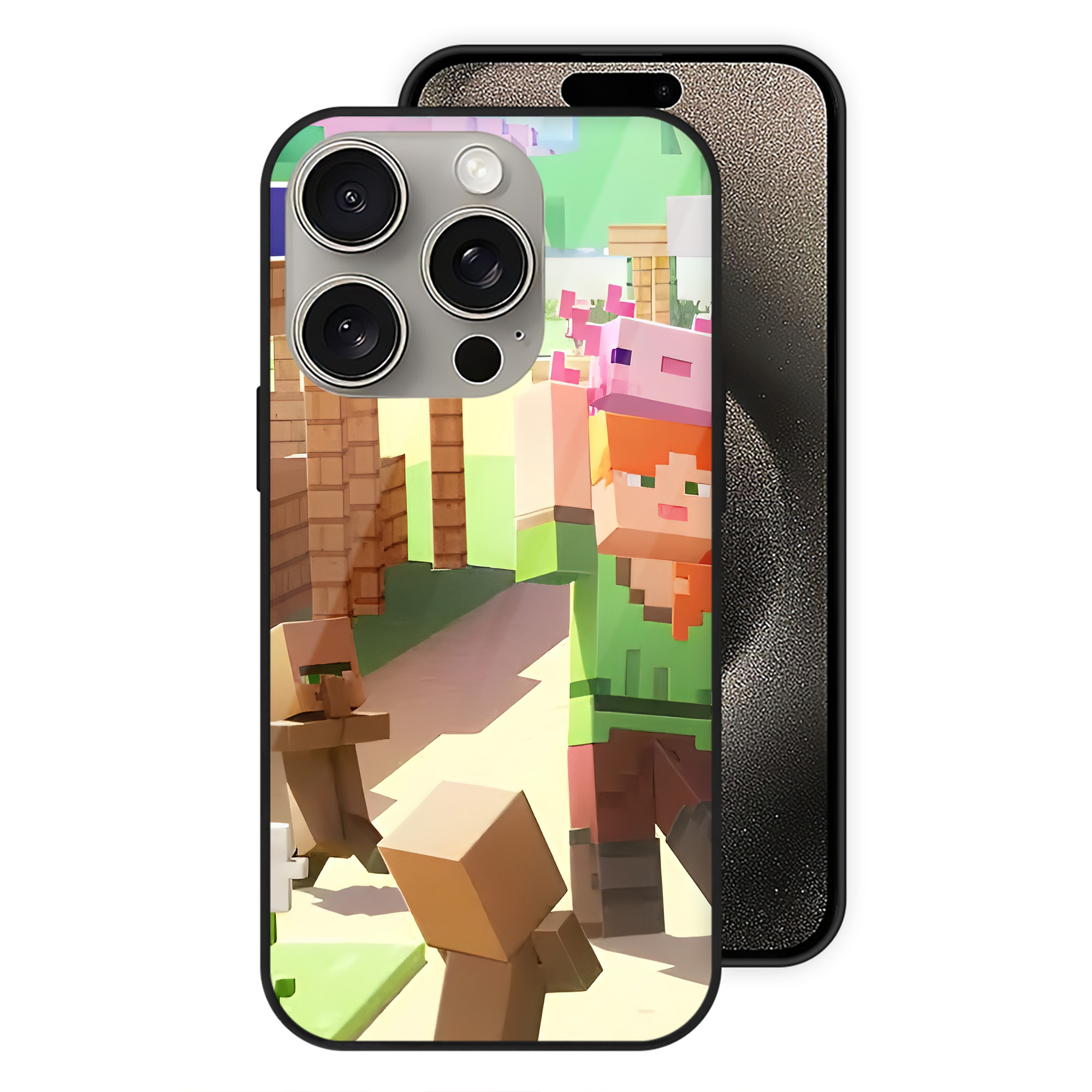 （画像用） マインクラフト ブロックの世界 Minecraft MC Block world 【iPhone15Pro対応】スマホケース 耐衝撃＆黄変防止 背面ガラス