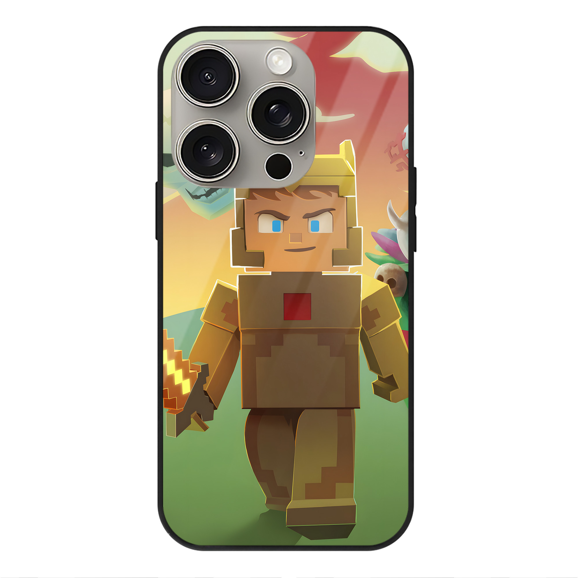 （画像用） マインクラフト ブロックの世界 Minecraft MC Block world 【iPhone15Pro対応】スマホケース 耐衝撃＆黄変防止 背面ガラス
