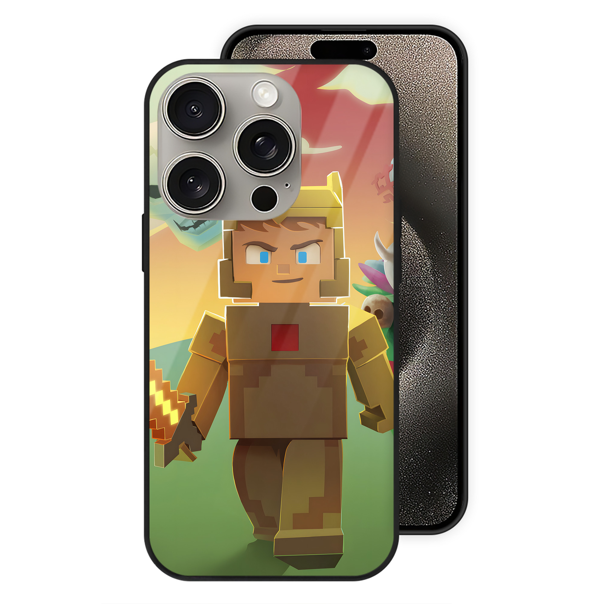 （画像用） マインクラフト ブロックの世界 Minecraft MC Block world 【iPhone15Pro対応】スマホケース 耐衝撃＆黄変防止 背面ガラス