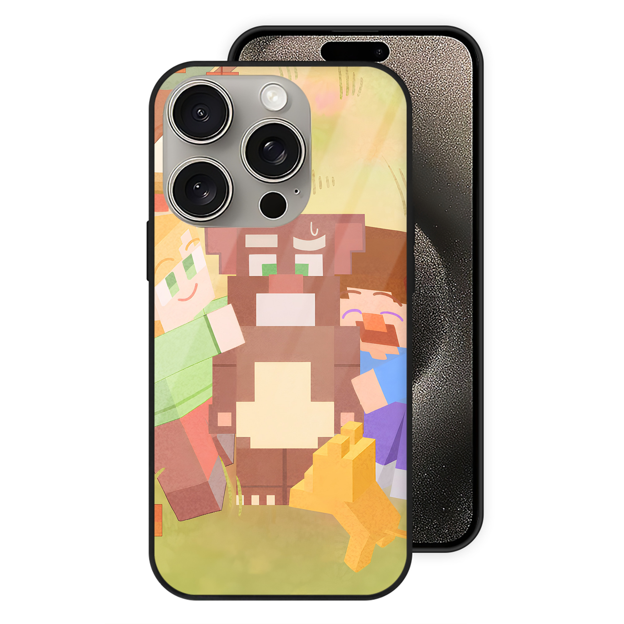 （画像用） マインクラフト ブロックの世界 Minecraft MC Block world 【iPhone15Pro対応】スマホケース 耐衝撃＆黄変防止 背面ガラス